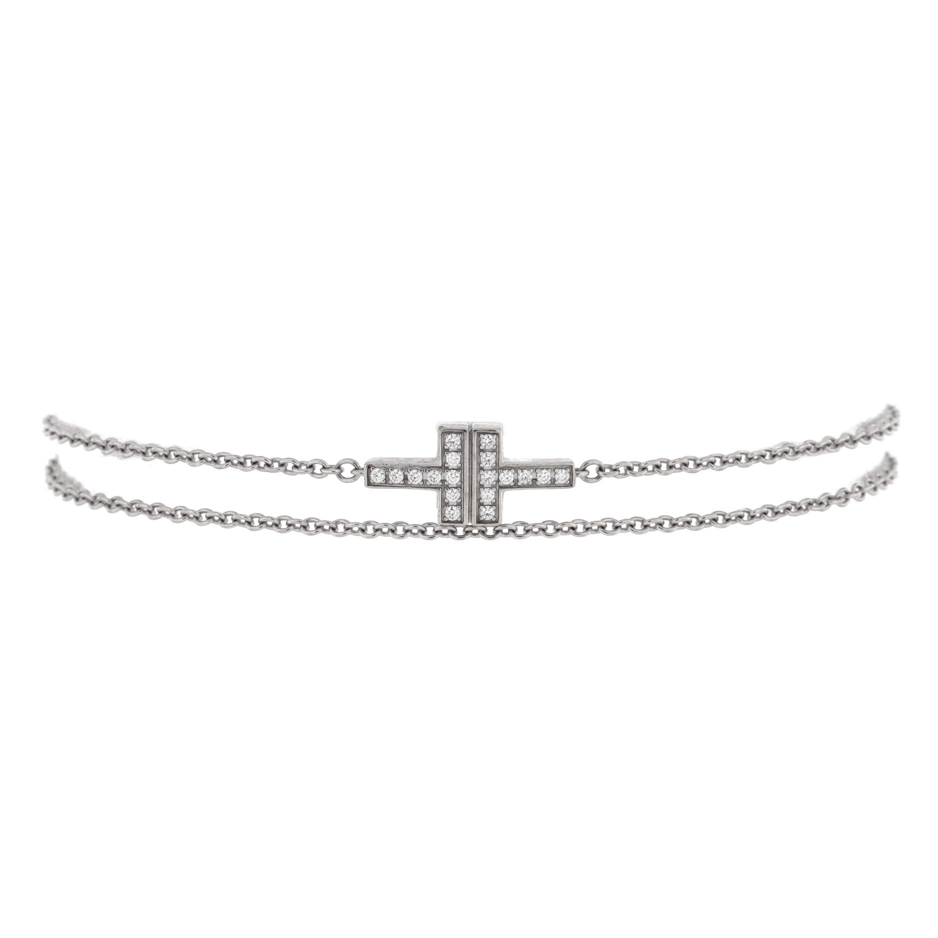T Double Chain Bracelet 18K White Gold and Diamonds Small
