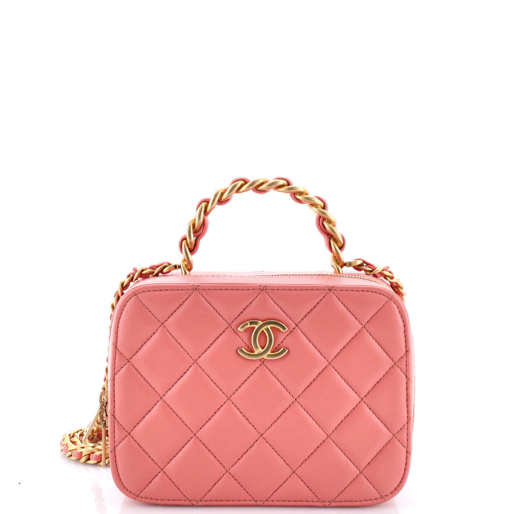 Woven Chain Top Handle Vanity Case Quilted Lambskin Small