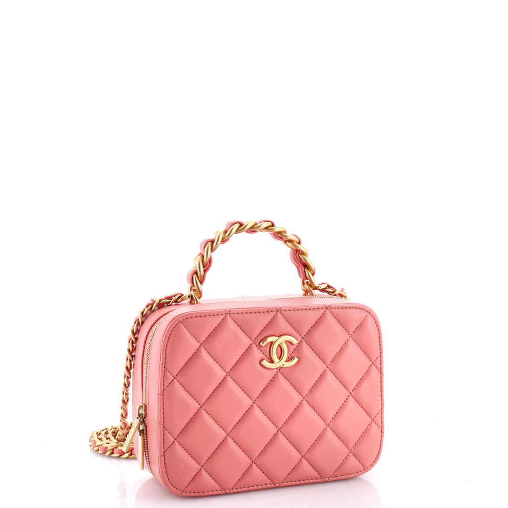 Woven Chain Top Handle Vanity Case Quilted Lambskin Small
