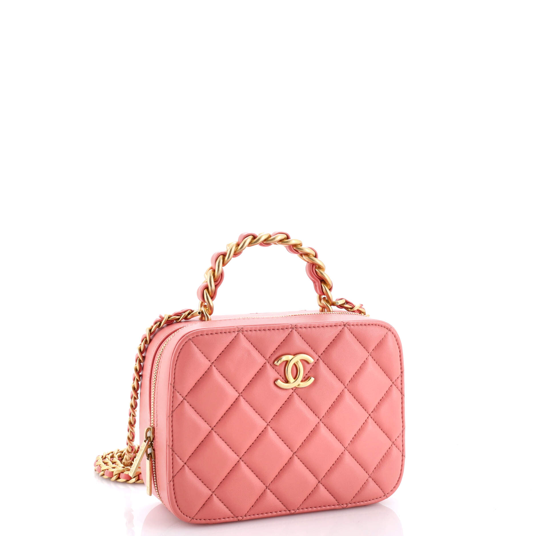 Woven Chain Top Handle Vanity Case Quilted Lambskin Small