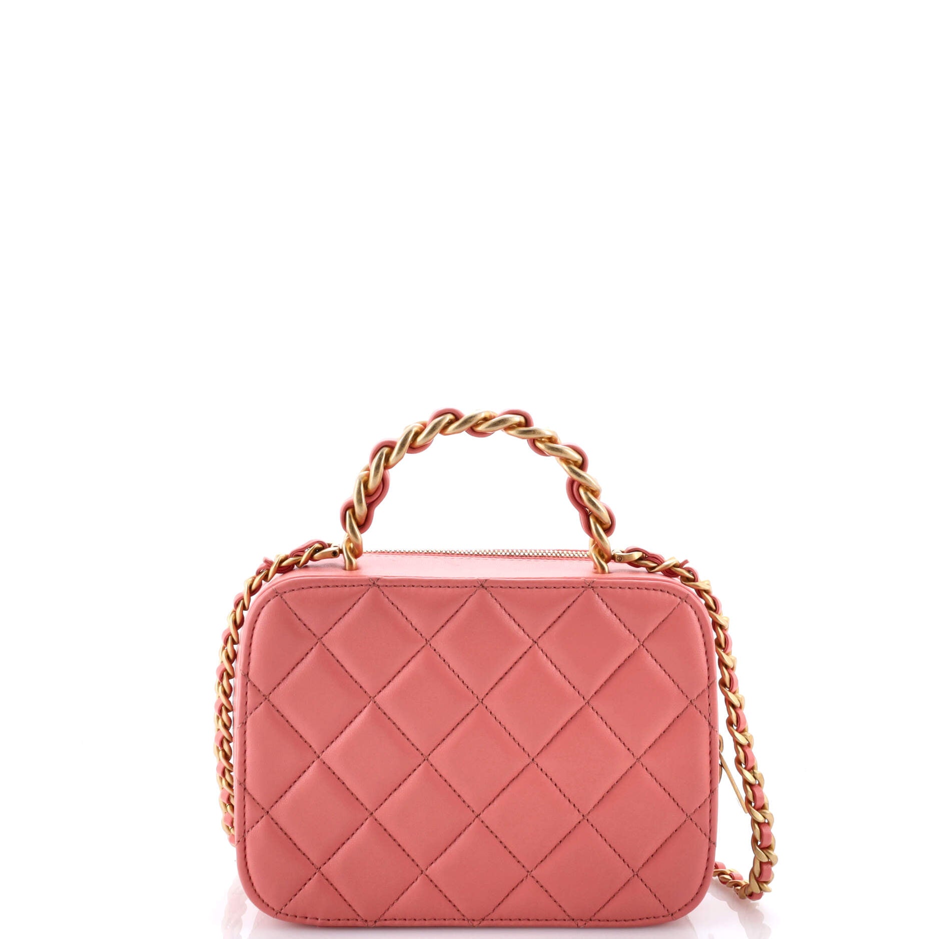 Woven Chain Top Handle Vanity Case Quilted Lambskin Small