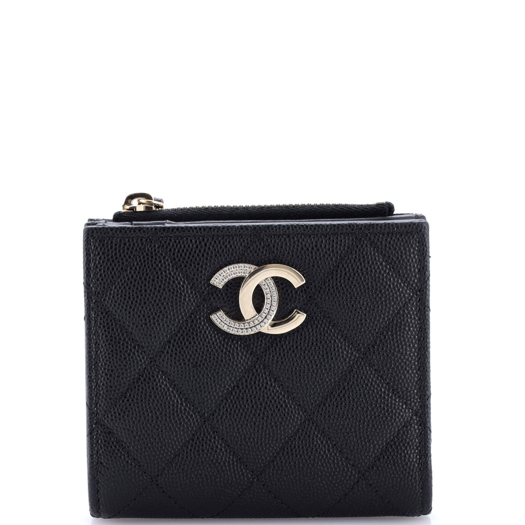 Crystal CC Bifold Wallet Quilted Caviar Compact