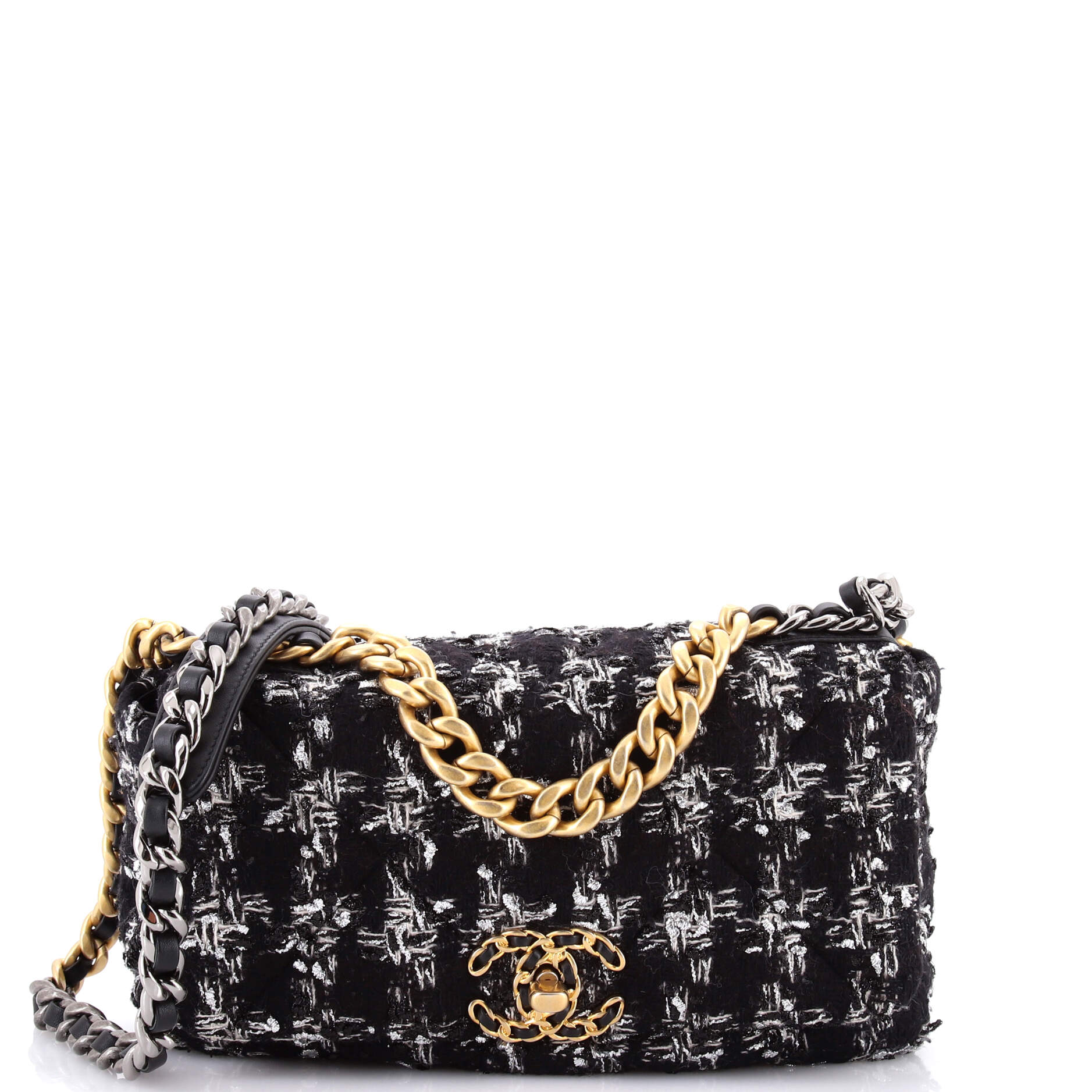 19 Flap Bag Quilted Houndstooth Tweed and Ribbon Medium