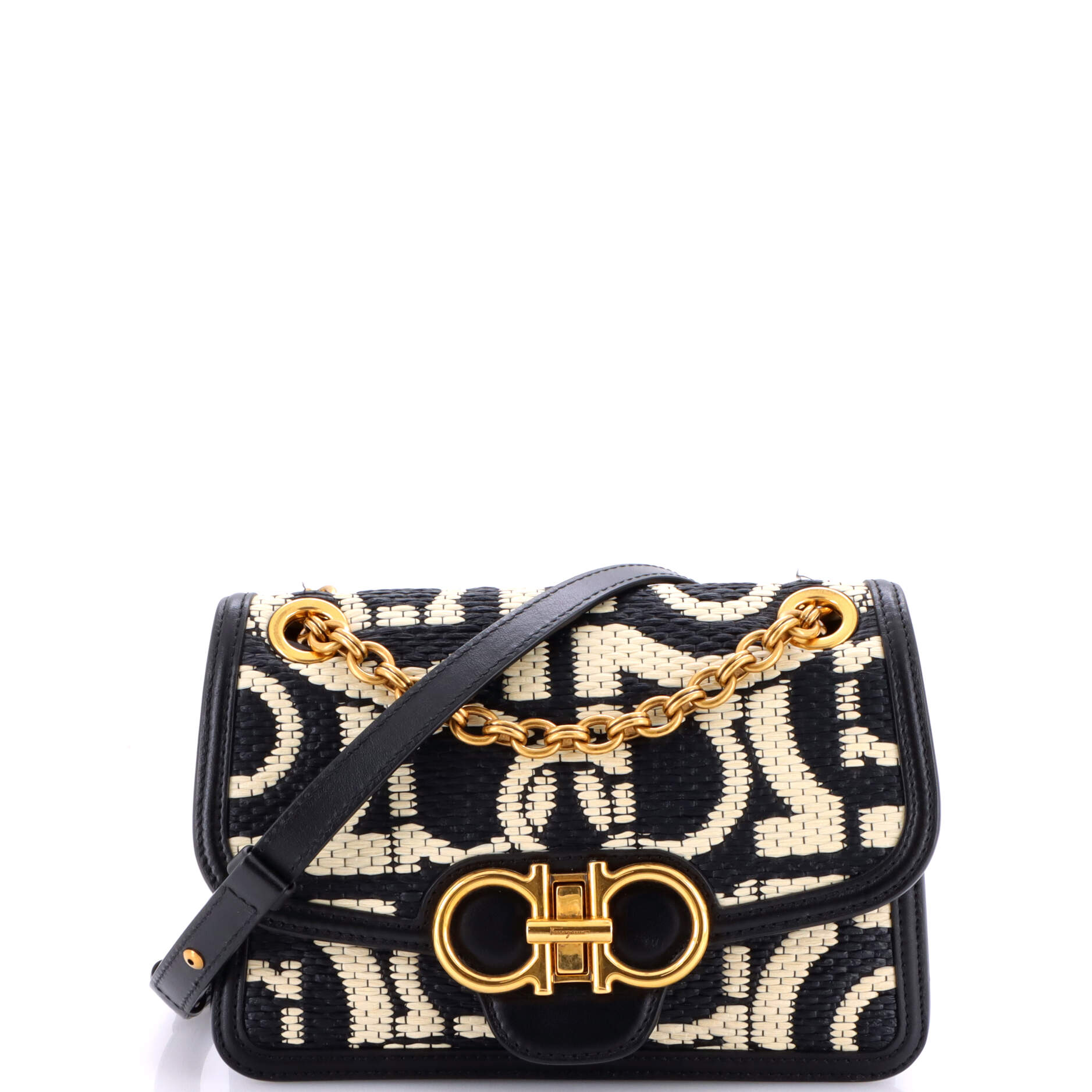 Gancini Turnlock Flap Bag Gancini Woven Raffia Small