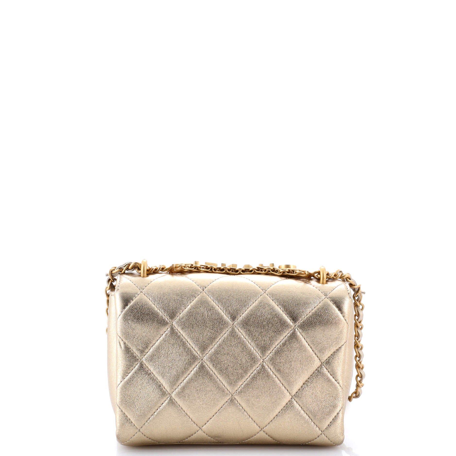 Crystal Logo Letters Chain Handle Flap Bag Quilted Lambskin Mini