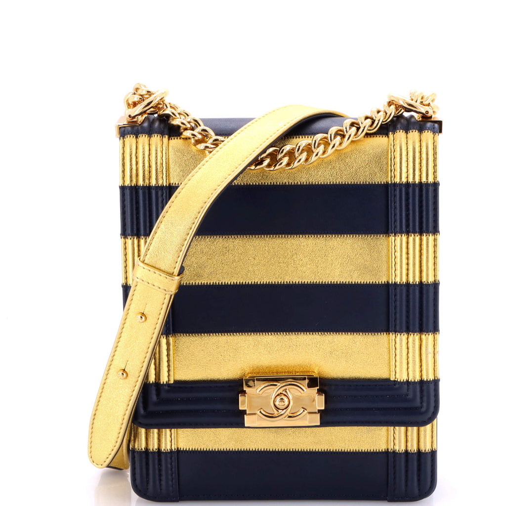 Paris-New York North South Boy Flap Bag Striped Lambskin Small