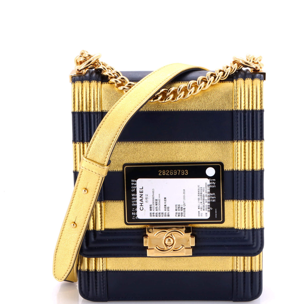 Paris-New York North South Boy Flap Bag Striped Lambskin Small