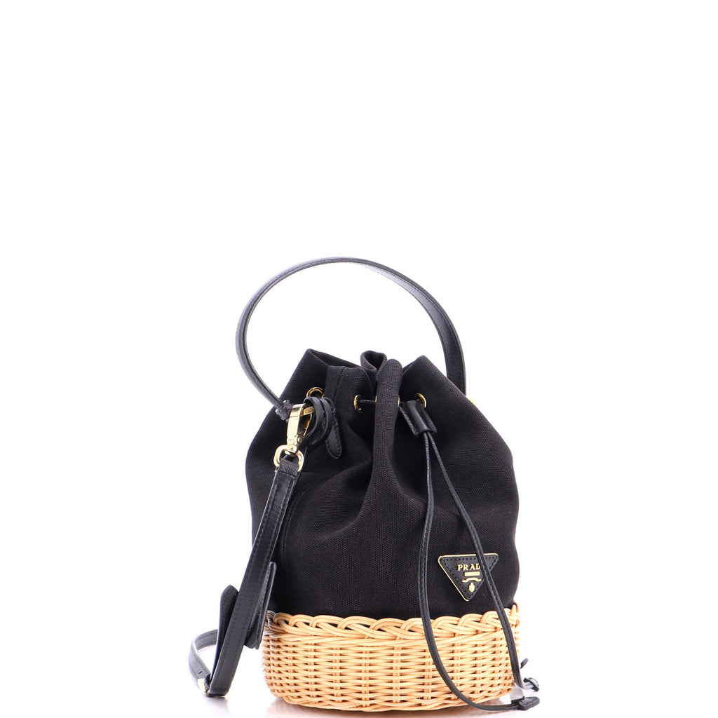 Drawstring Bucket Bag Canvas and Wicker Small