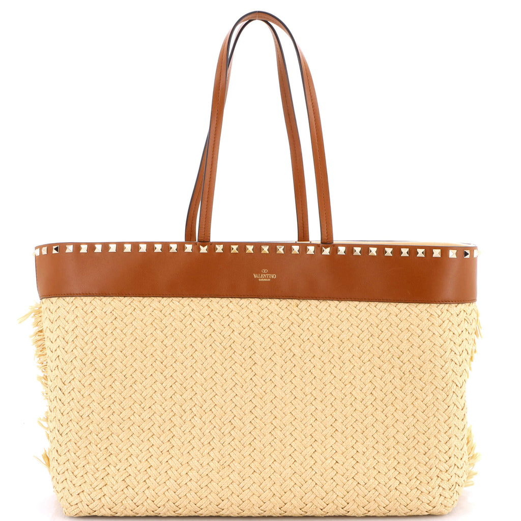 Rockstud Shopping Tote Raffia with Leather Large