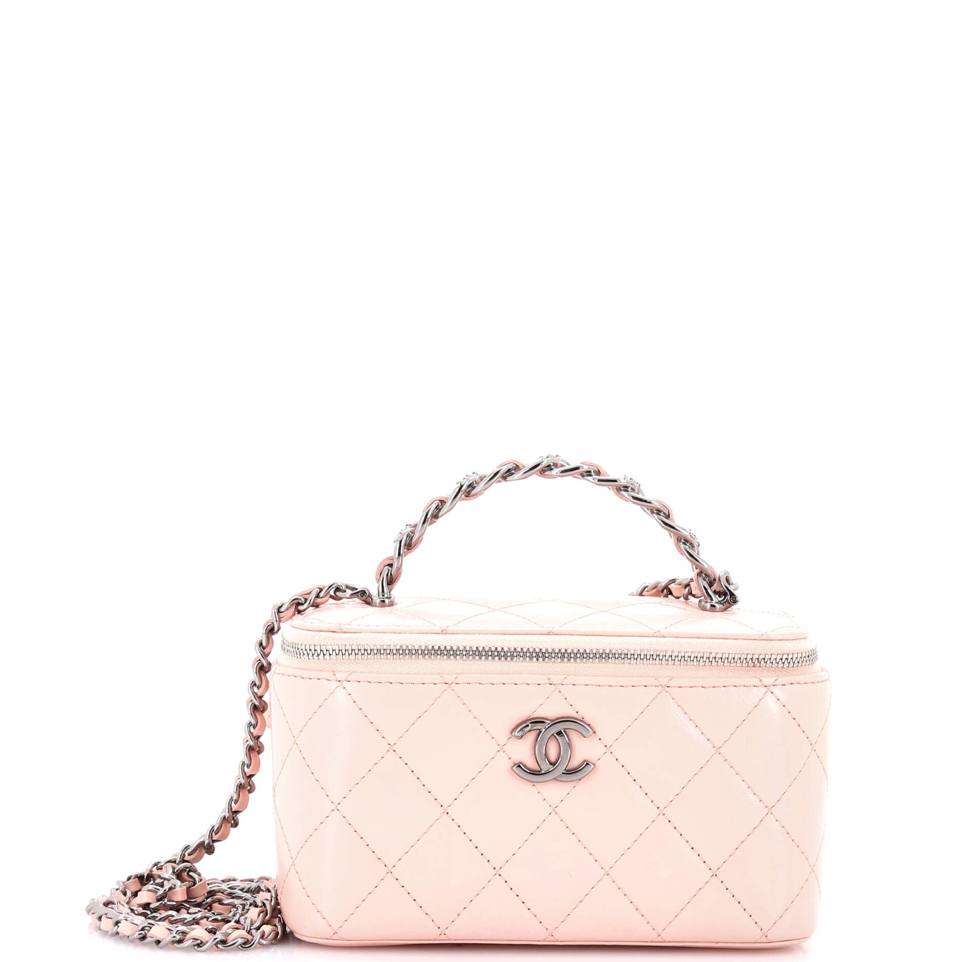 Top Handle Vanity Case with Chain Quilted Lambskin with Crystals Small