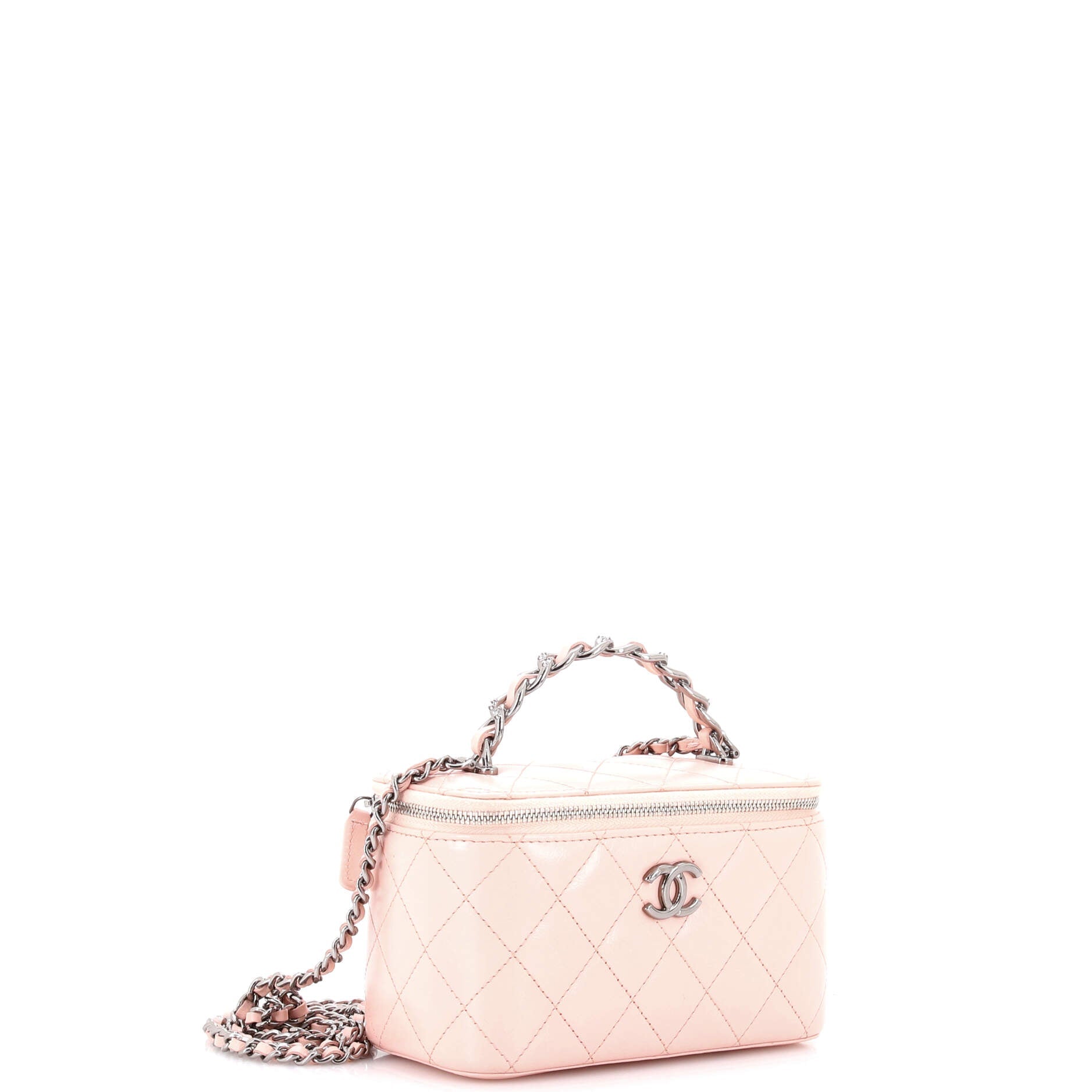 Top Handle Vanity Case with Chain Quilted Lambskin with Crystals Small