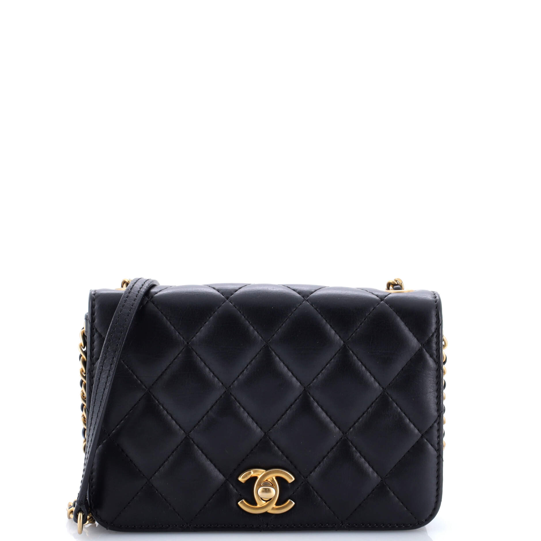 CC Side Chain Full Flap Bag Quilted Calfskin Small