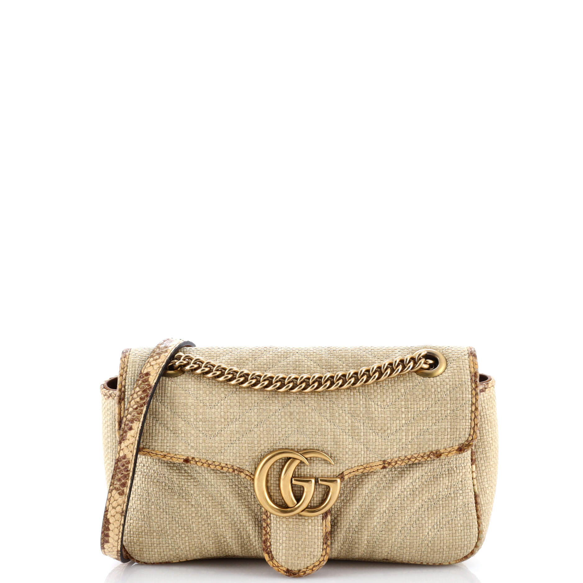 GG Marmont Flap Bag Matelasse Raffia with Snakeskin Small
