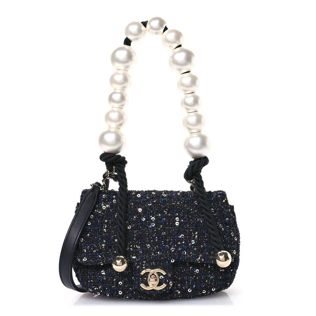 Tweed Mini Pearl Handle Flap Black Ecru