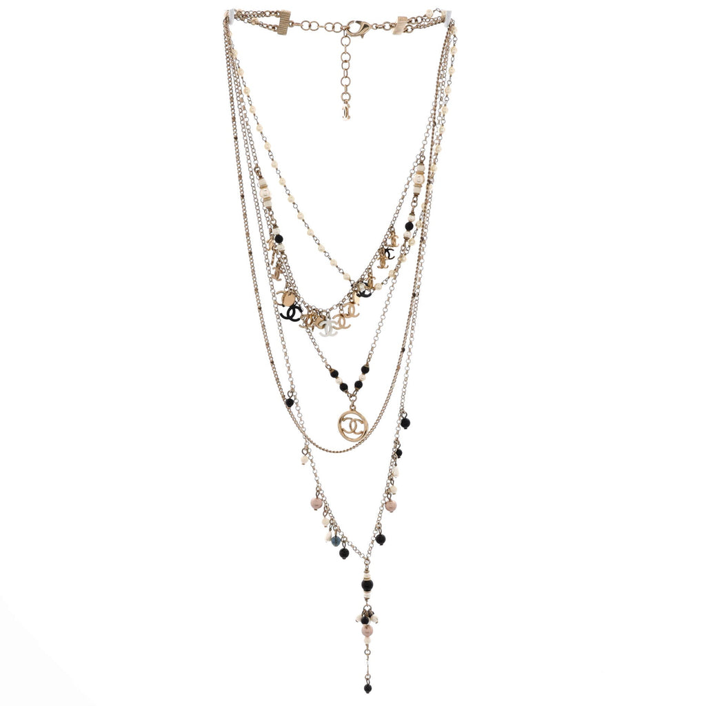 Multistrand CC Charms Necklace Metal with Faux Pearls, Beads and Crystals