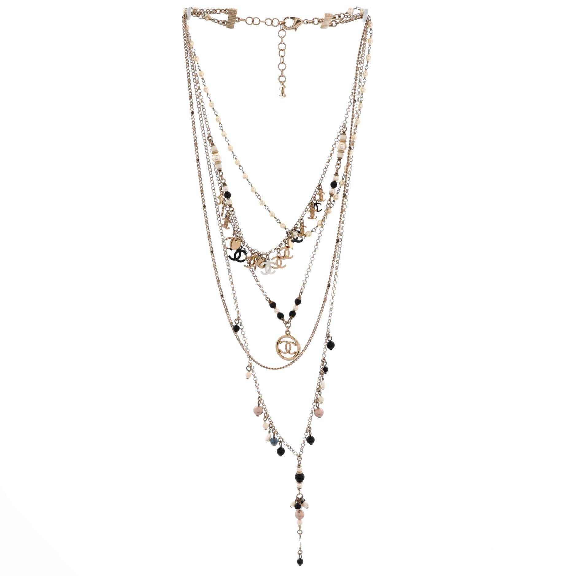 Multistrand CC Charms Necklace Metal with Faux Pearls, Beads and Crystals