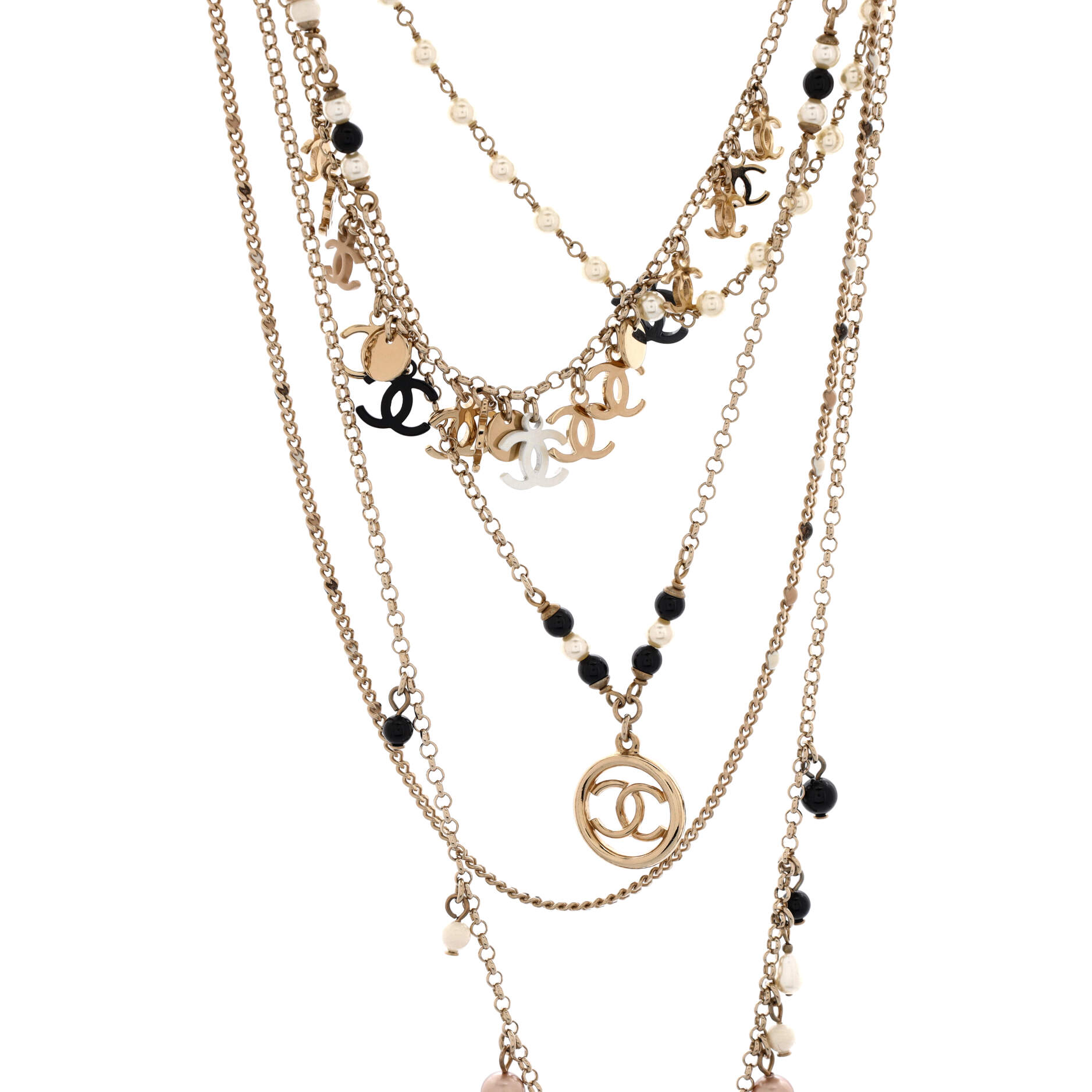 Multistrand CC Charms Necklace Metal with Faux Pearls, Beads and Crystals