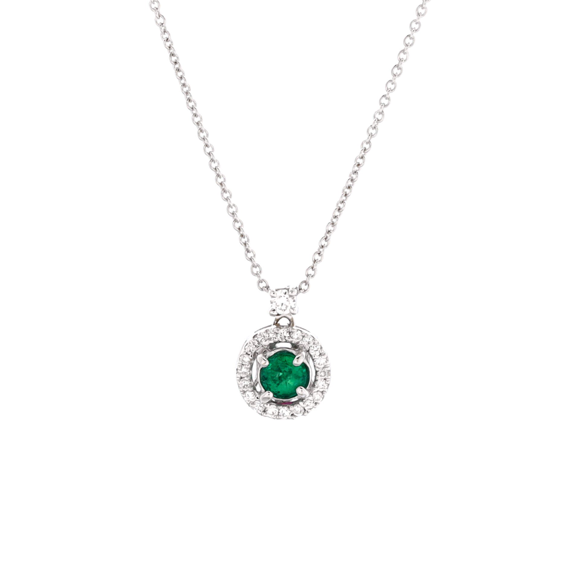 Round Halo Pendant Necklace 18K White Gold with Diamonds and Emerald