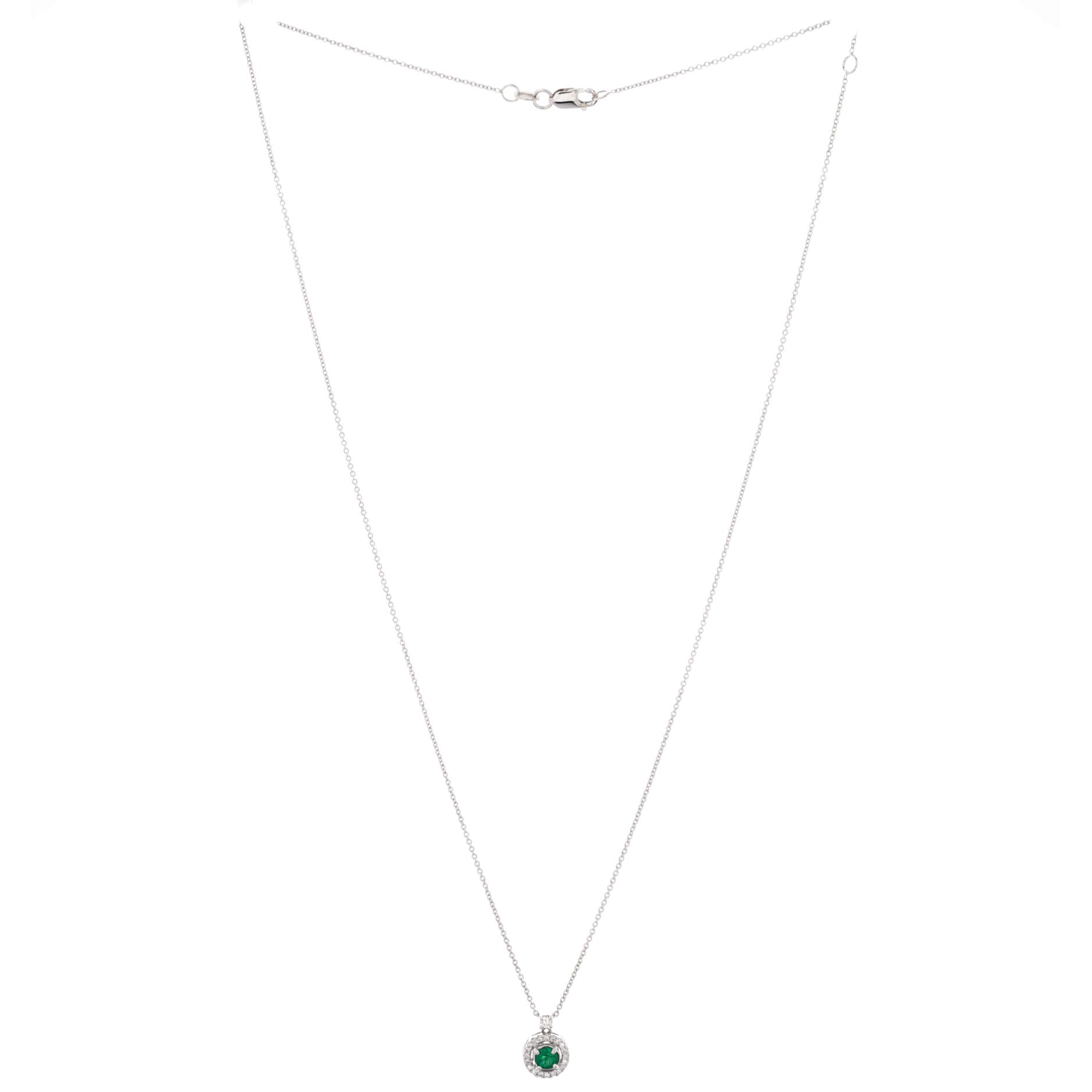 Round Halo Pendant Necklace 18K White Gold with Diamonds and Emerald