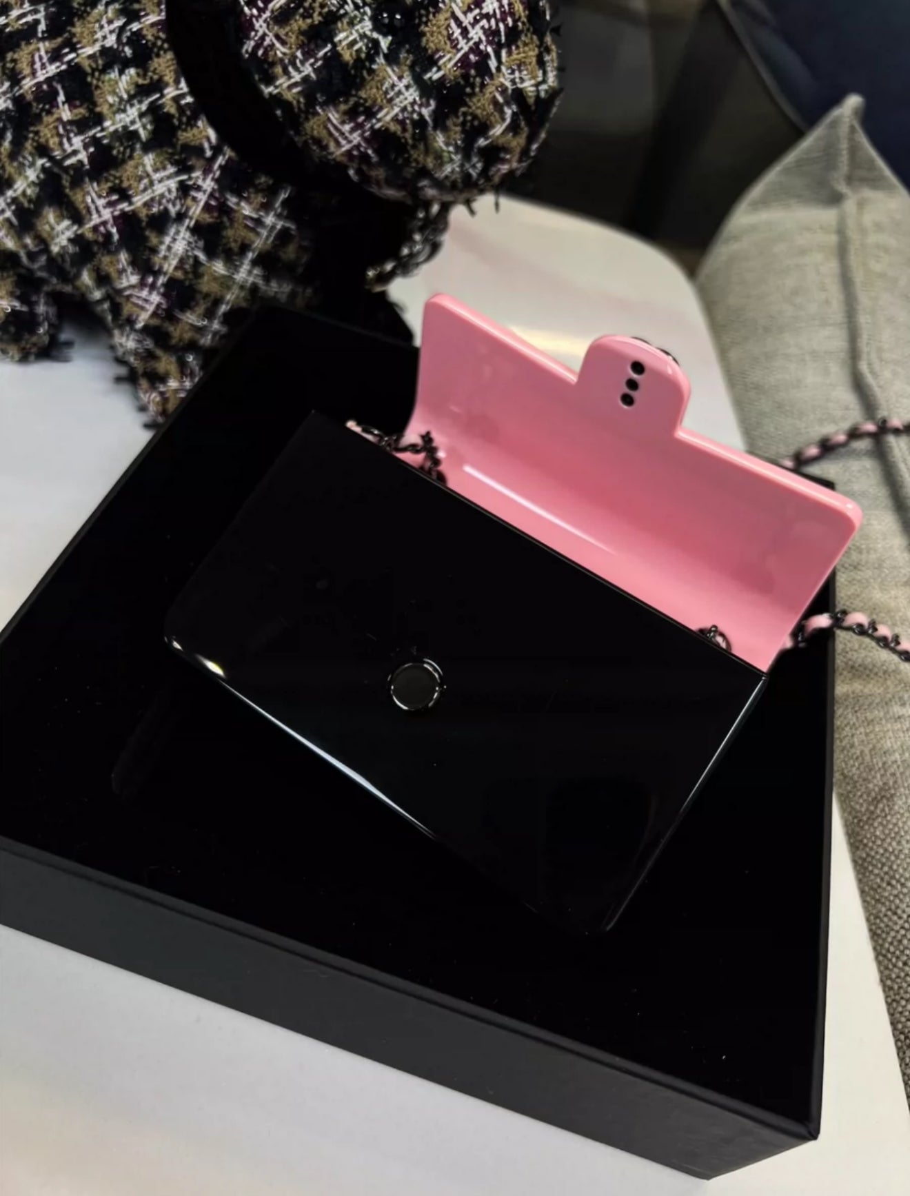 CHANEL 21K PINK BLACK MINI EVENING PLEXI BAG