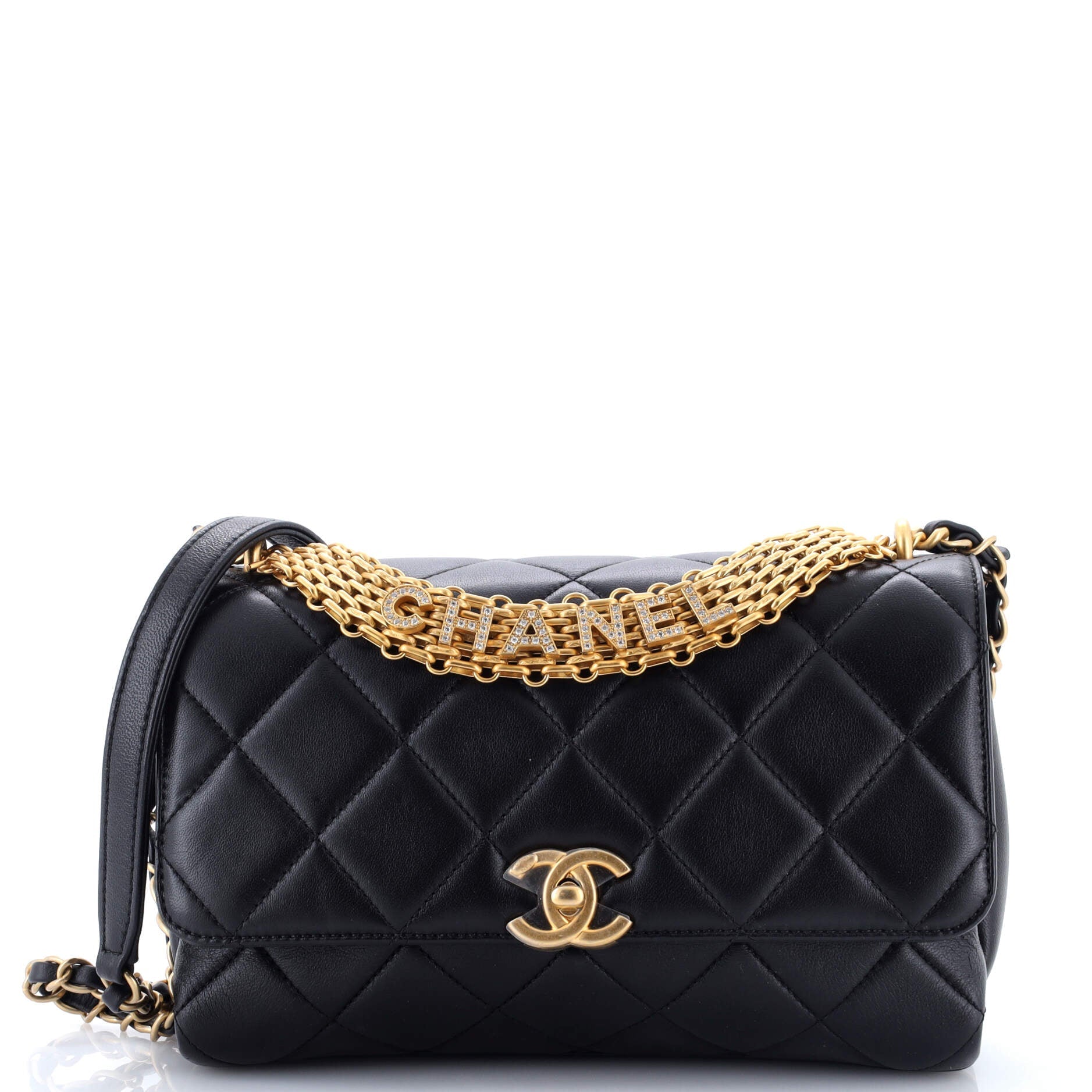 Crystal Logo Letters Chain Handle Flap Bag Quilted Lambskin Medium