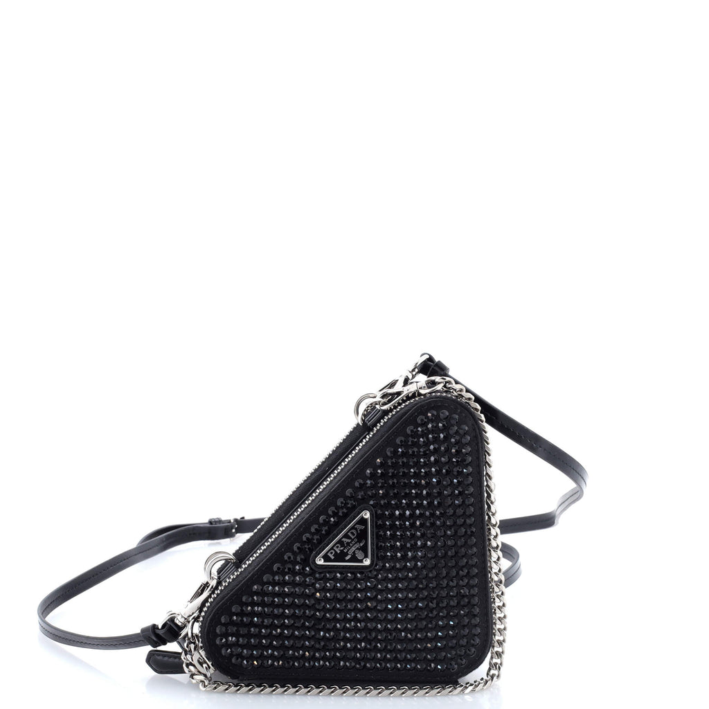 Triangle Double Pouch Crossbody Crystal Embellished Satin Mini