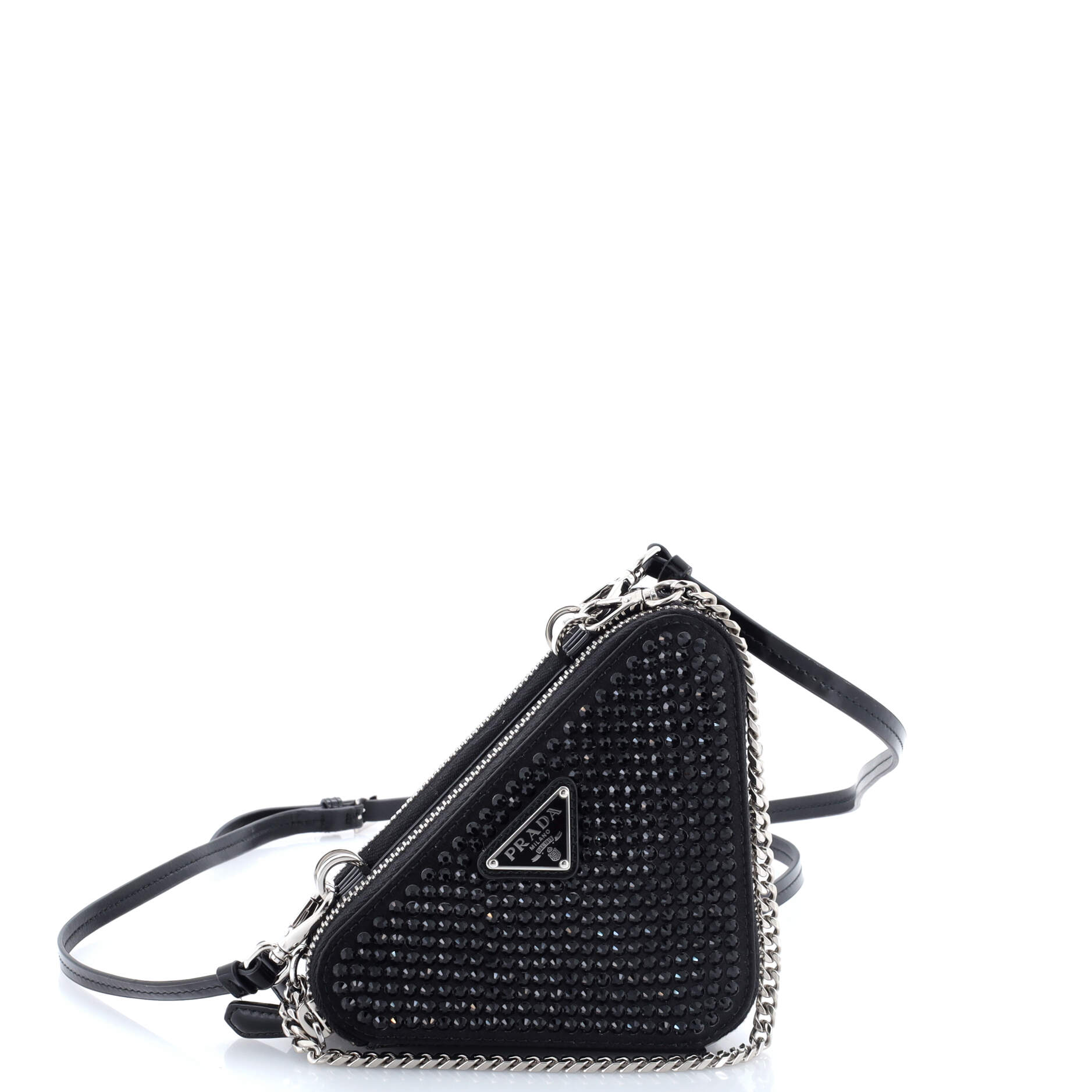 Triangle Double Pouch Crossbody Crystal Embellished Satin Mini