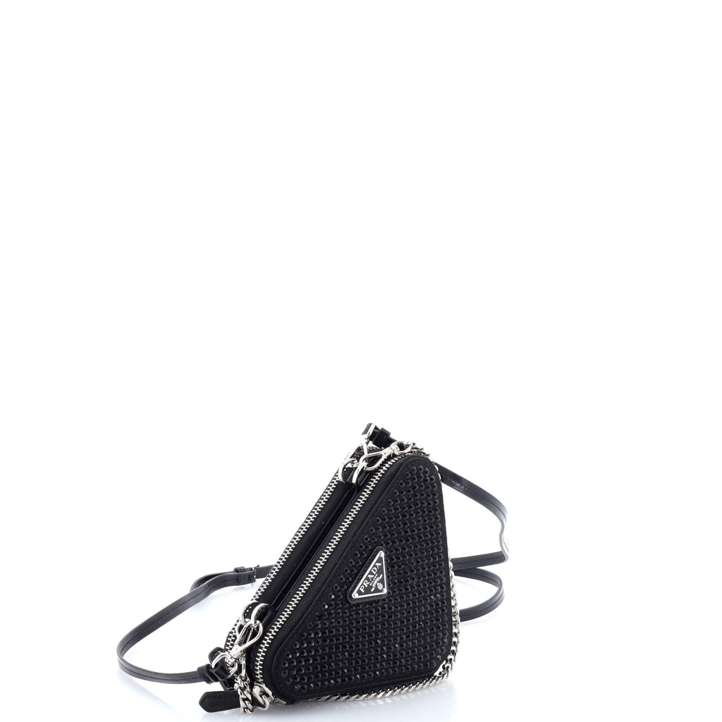 Triangle Double Pouch Crossbody Crystal Embellished Satin Mini