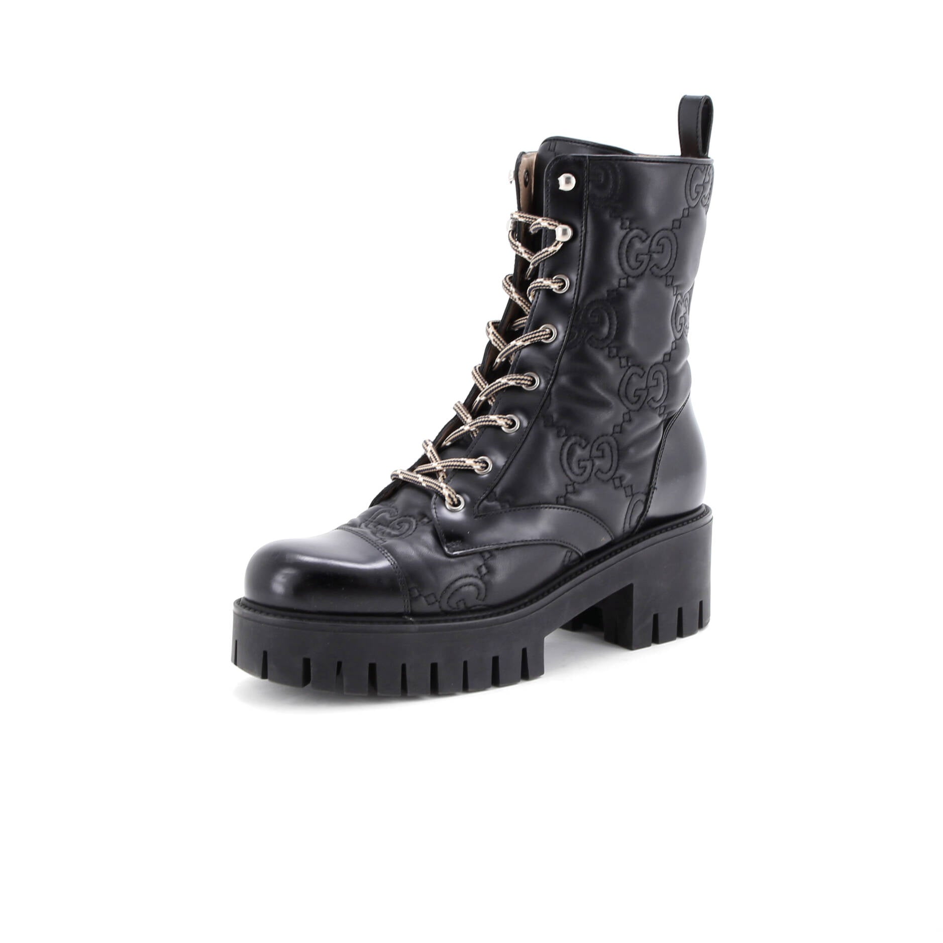 Women's Platform Lug Sole Combat Boots GG Embossed Leather