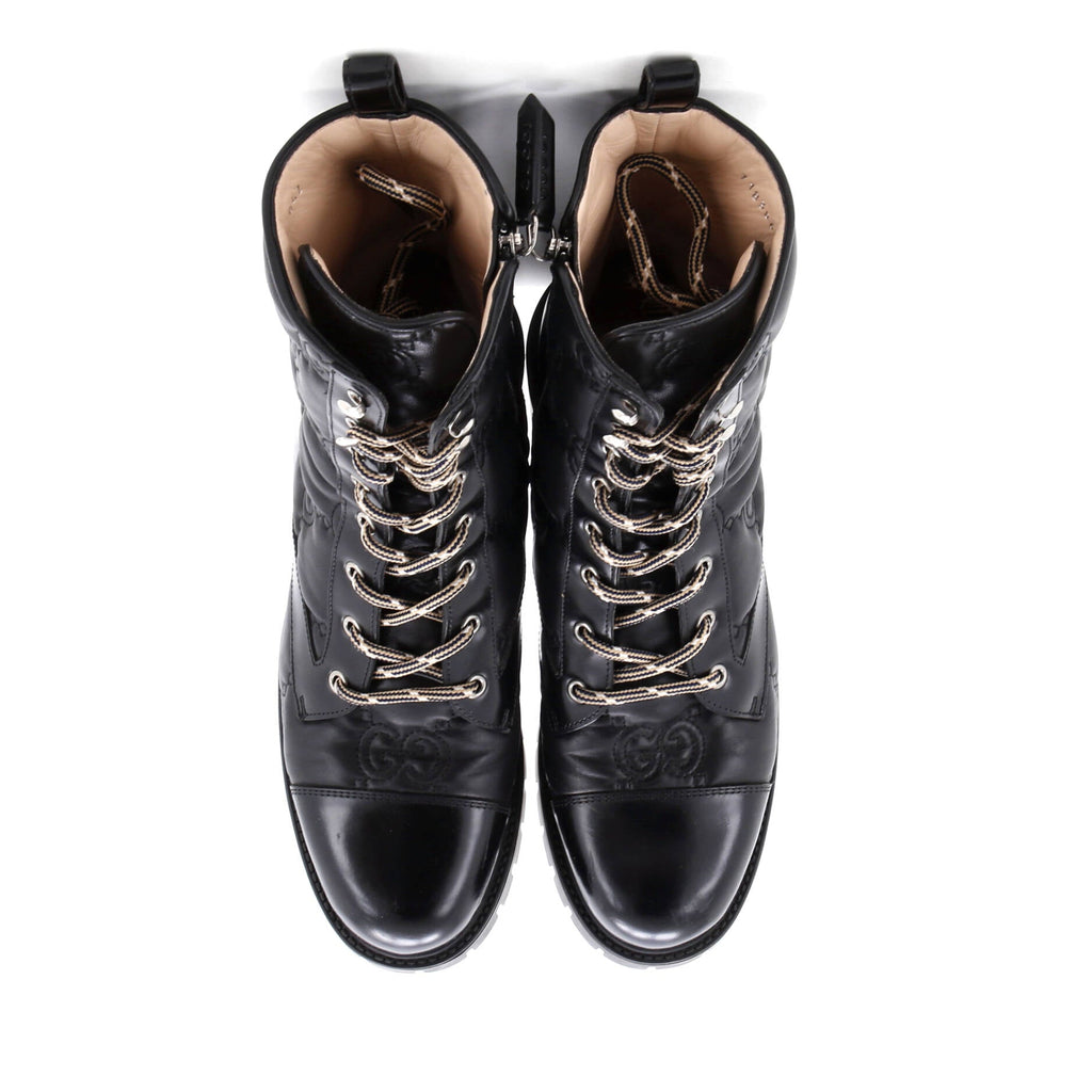 Women's Platform Lug Sole Combat Boots GG Embossed Leather
