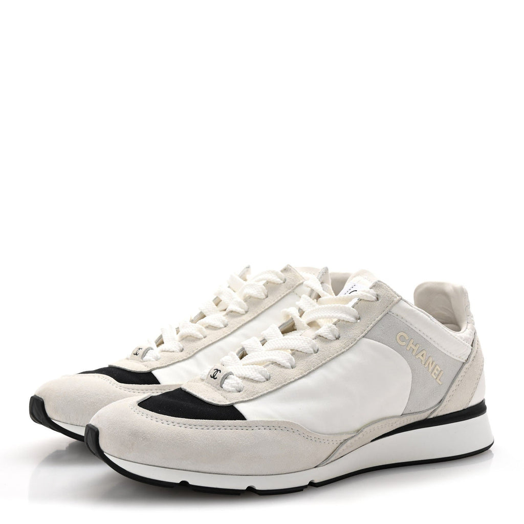 Nylon Suede Kidskin Calfskin Logo Sneakers 37 White Black