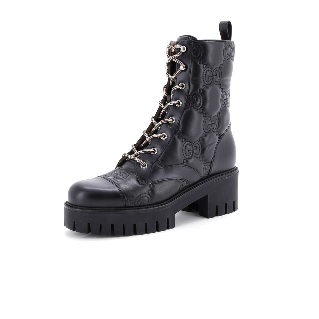 Women's Platform Lug Sole Combat Boots GG Embossed Leather