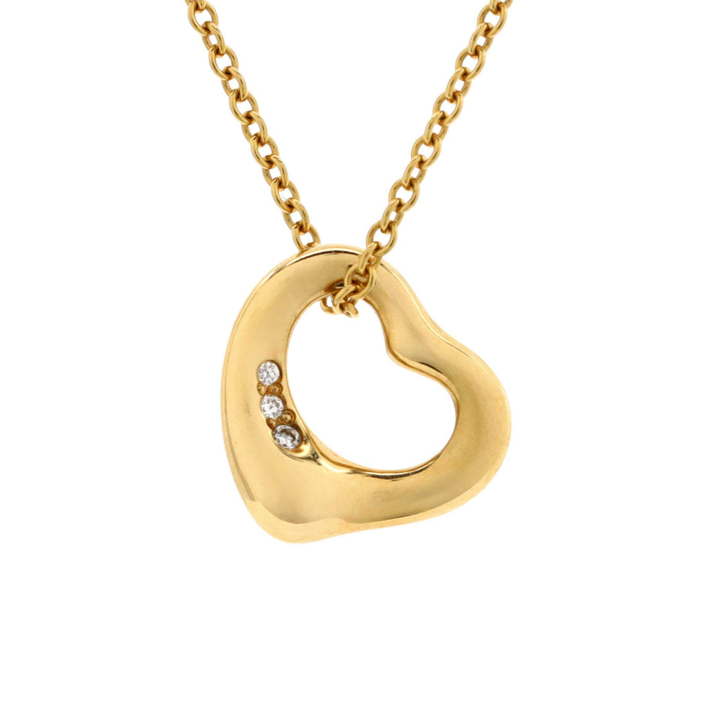 Elsa Peretti Open Heart 3 Diamonds Pendant Necklace 18K Yellow Gold with Diamonds 11mm