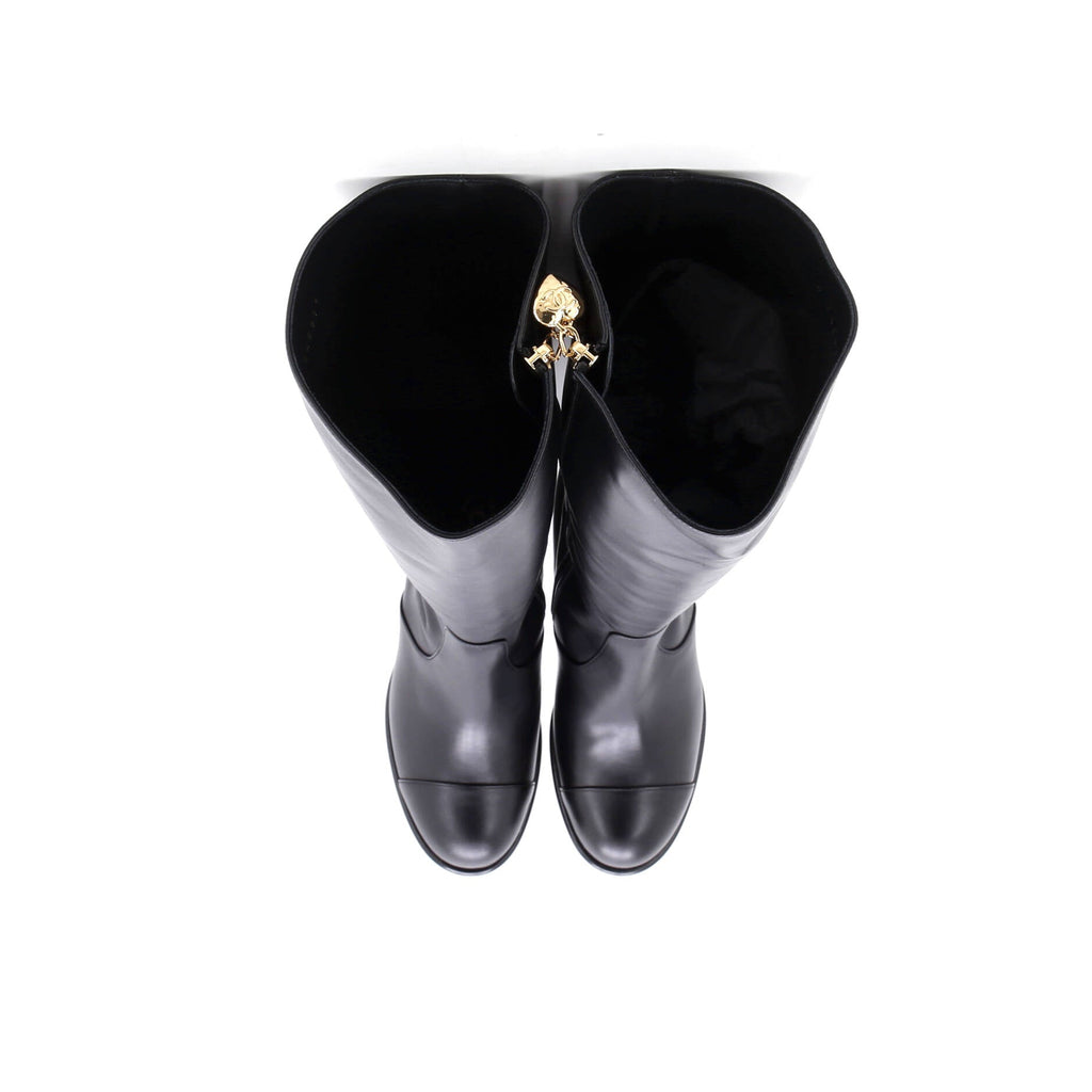 Women's CC Cap Toe Knee High Block Heel Boots Leather