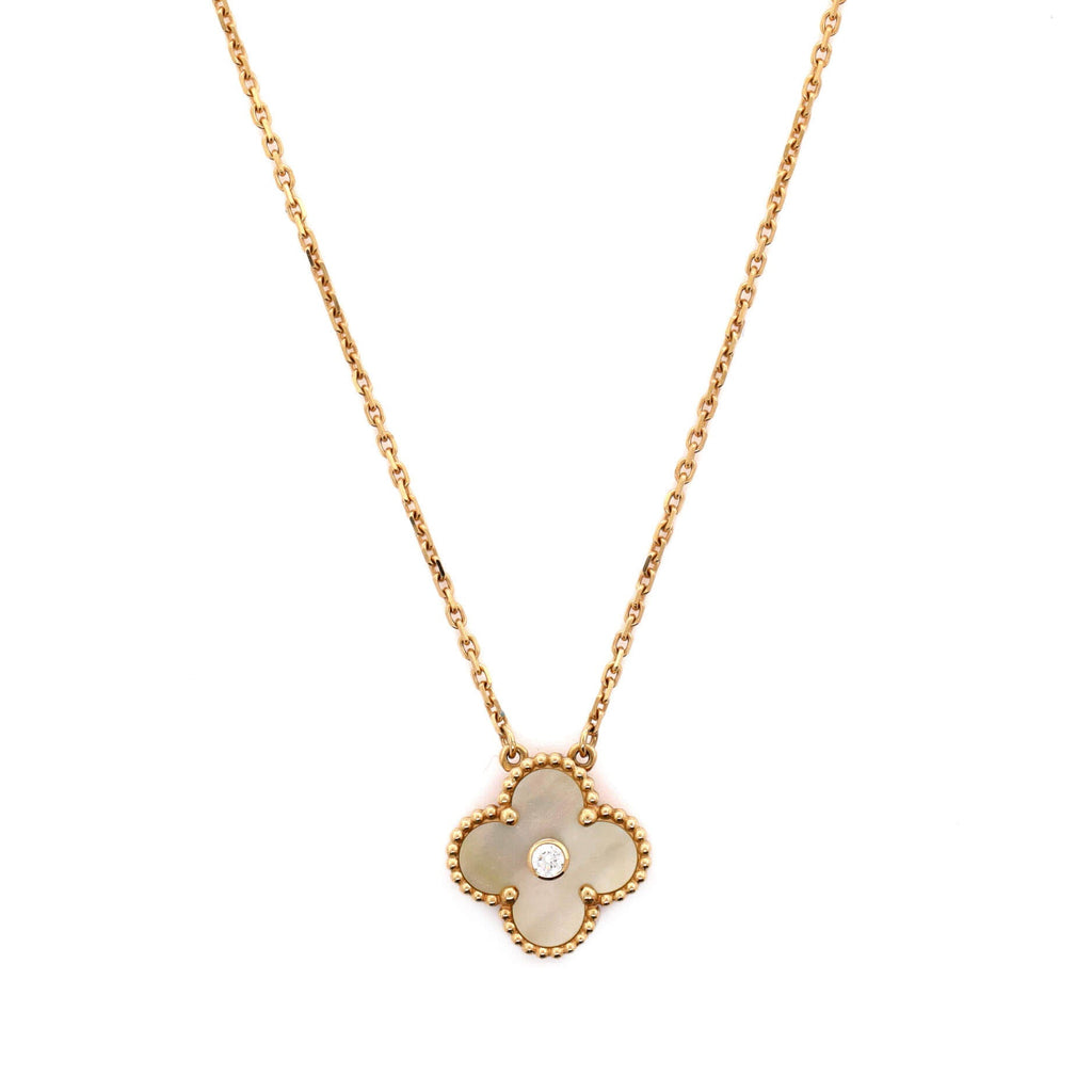 Vintage Alhambra Pendant Necklace 18K Yellow Gold and Gold Mother of Pearl with Diamond