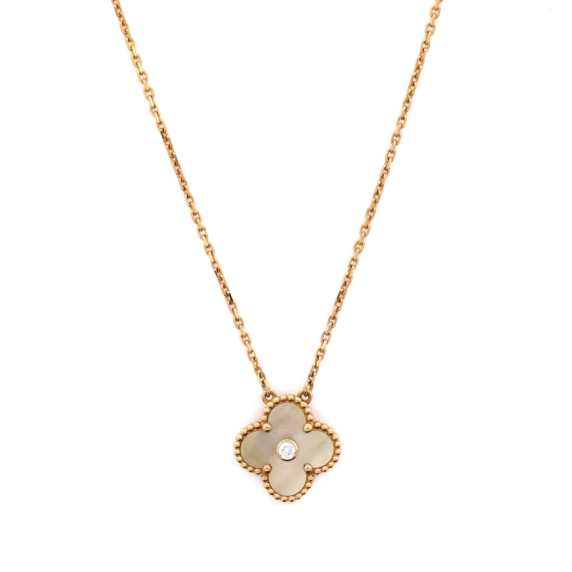 Vintage Alhambra Pendant Necklace 18K Yellow Gold and Gold Mother of Pearl with Diamond