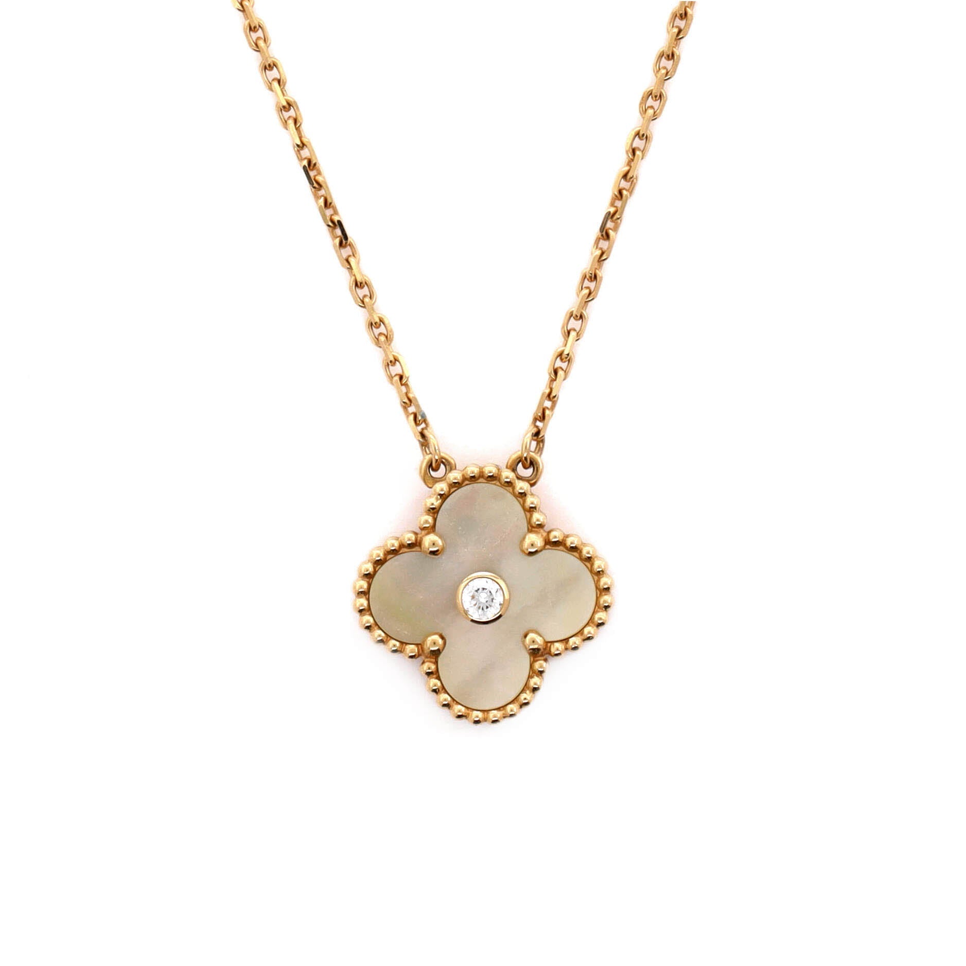 Vintage Alhambra Pendant Necklace 18K Yellow Gold and Gold Mother of Pearl with Diamond