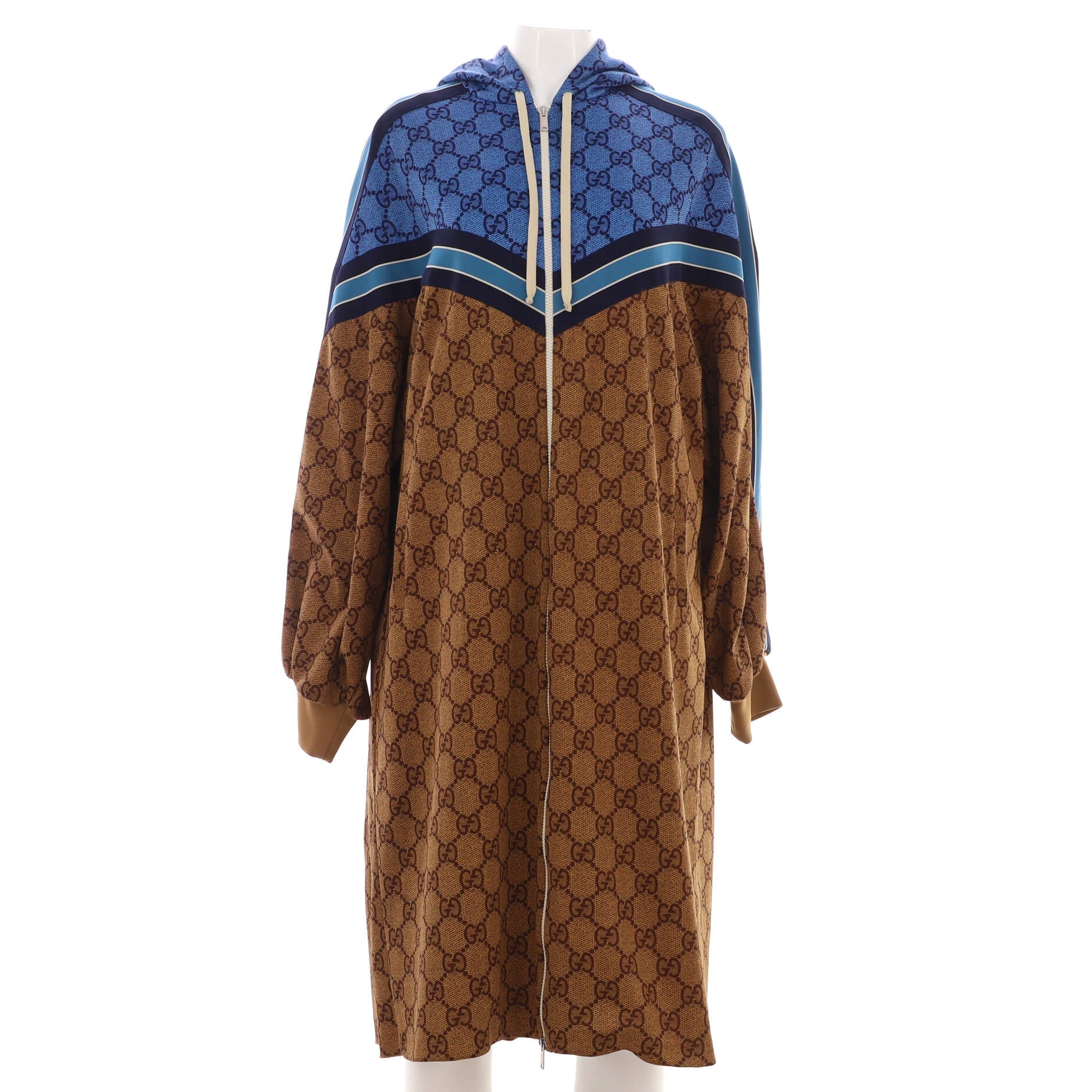 Women's Pleated Hooded Zip Coat GG Polyester and Cotton Blend