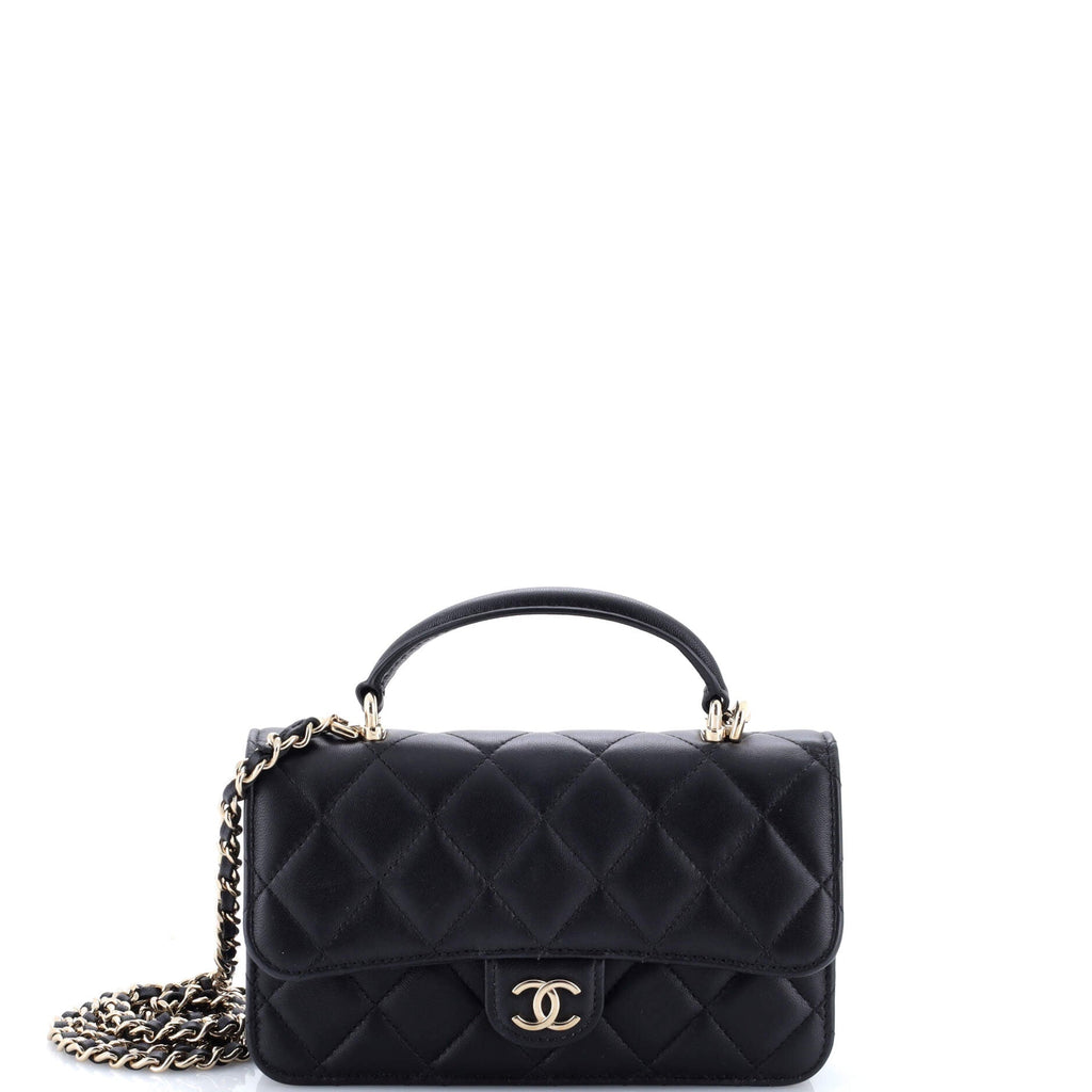 Classic Top Handle Flap Phone Holder with Chain Quilted Lambskin