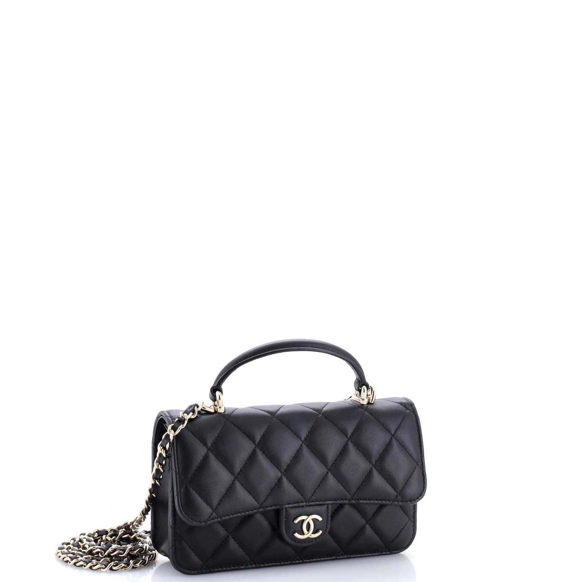 Classic Top Handle Flap Phone Holder with Chain Quilted Lambskin