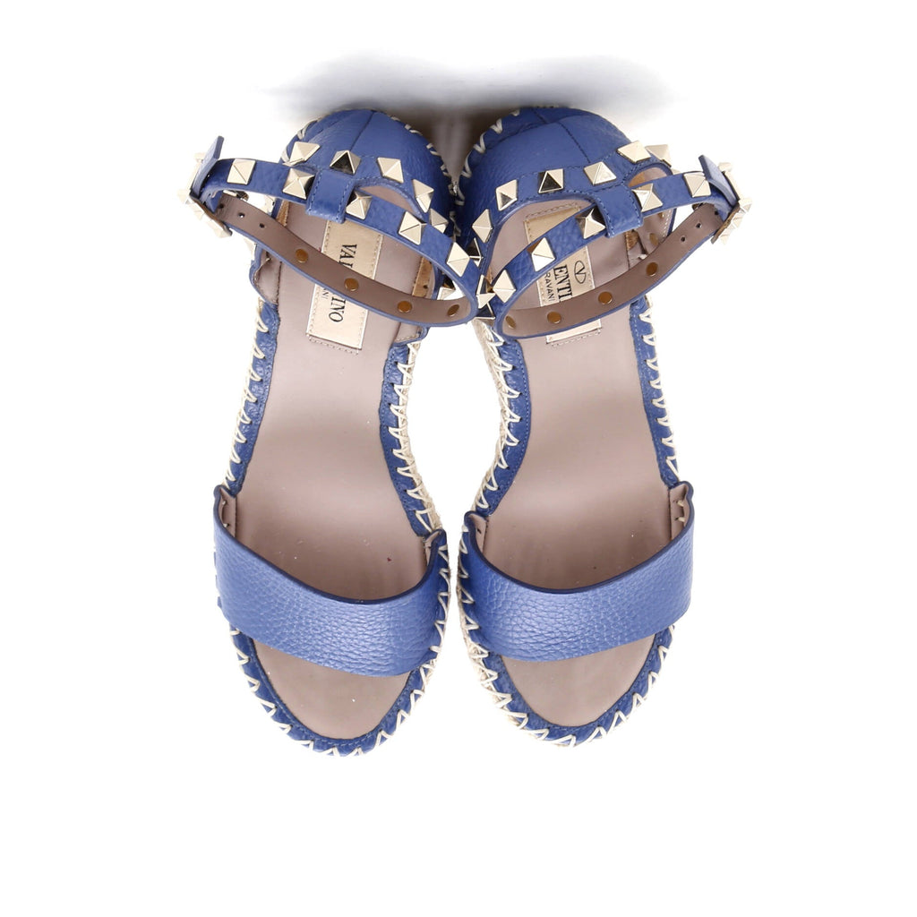 Women's Rockstud Ankle Strap Double Wedge Sandals Leather