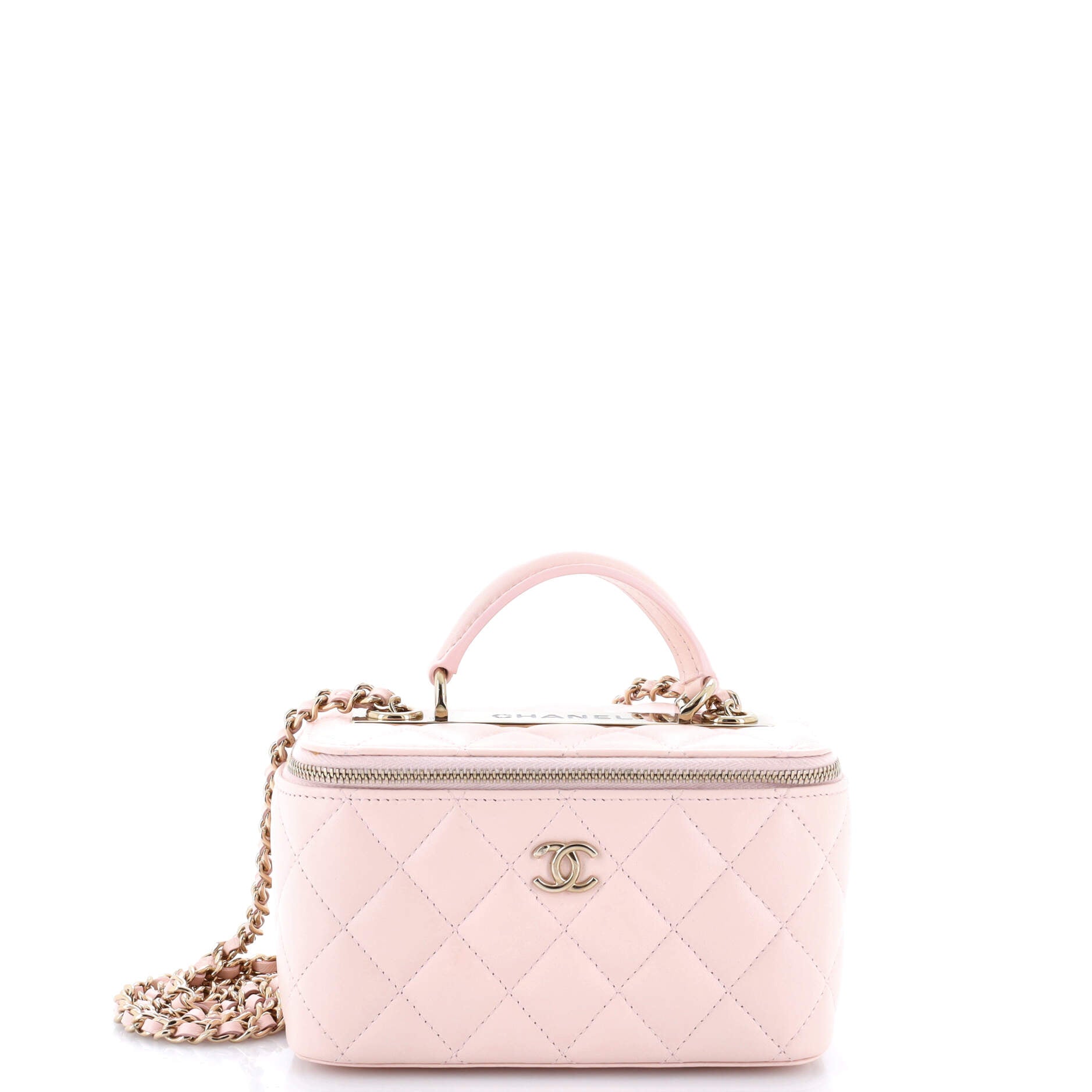 Trendy CC Top Handle Vanity Case with Chain Quilted Lambskin Small