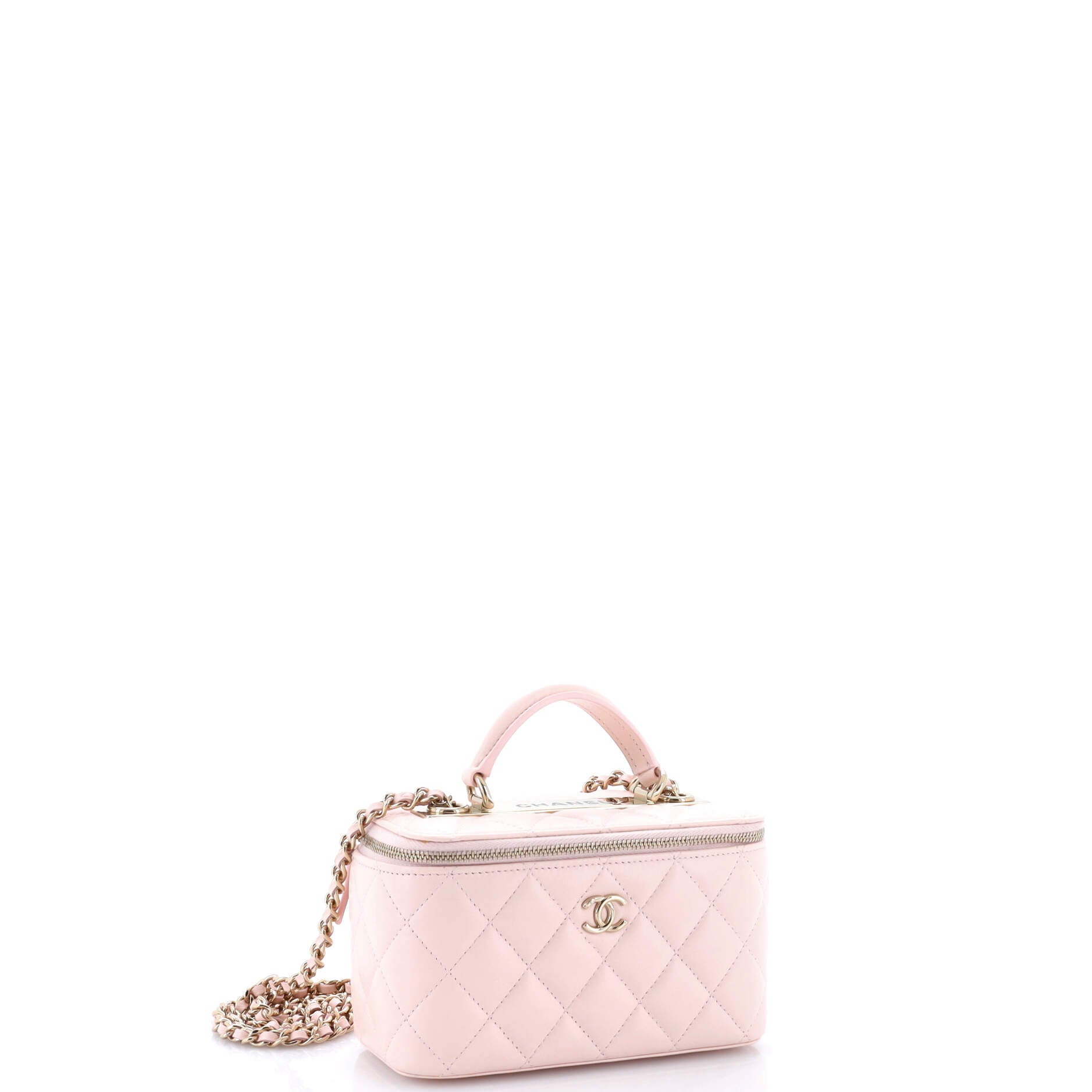 Trendy CC Top Handle Vanity Case with Chain Quilted Lambskin Small