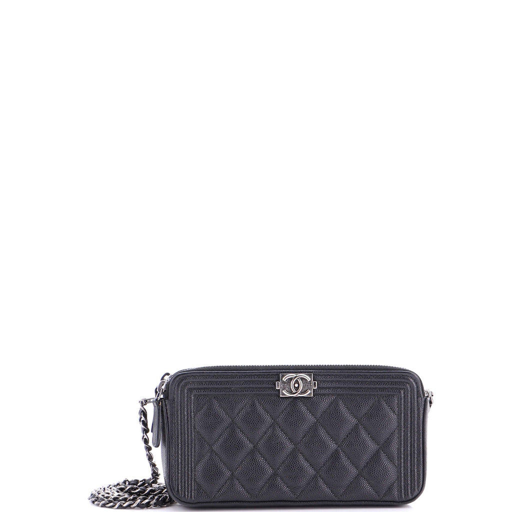 Boy Double Zip Clutch with Chain Quilted Caviar