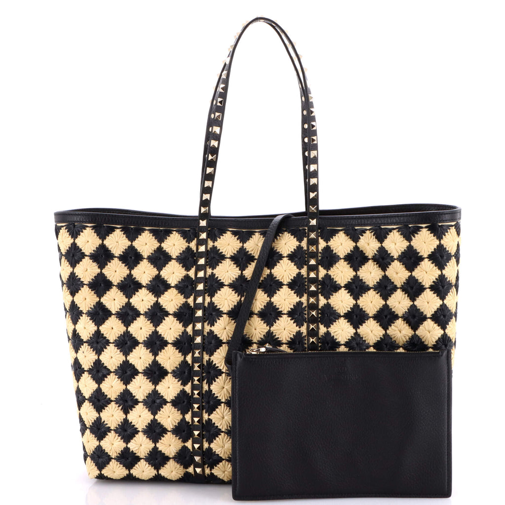 Rockstud Shopping Bag Check Embroidered Raffia Large