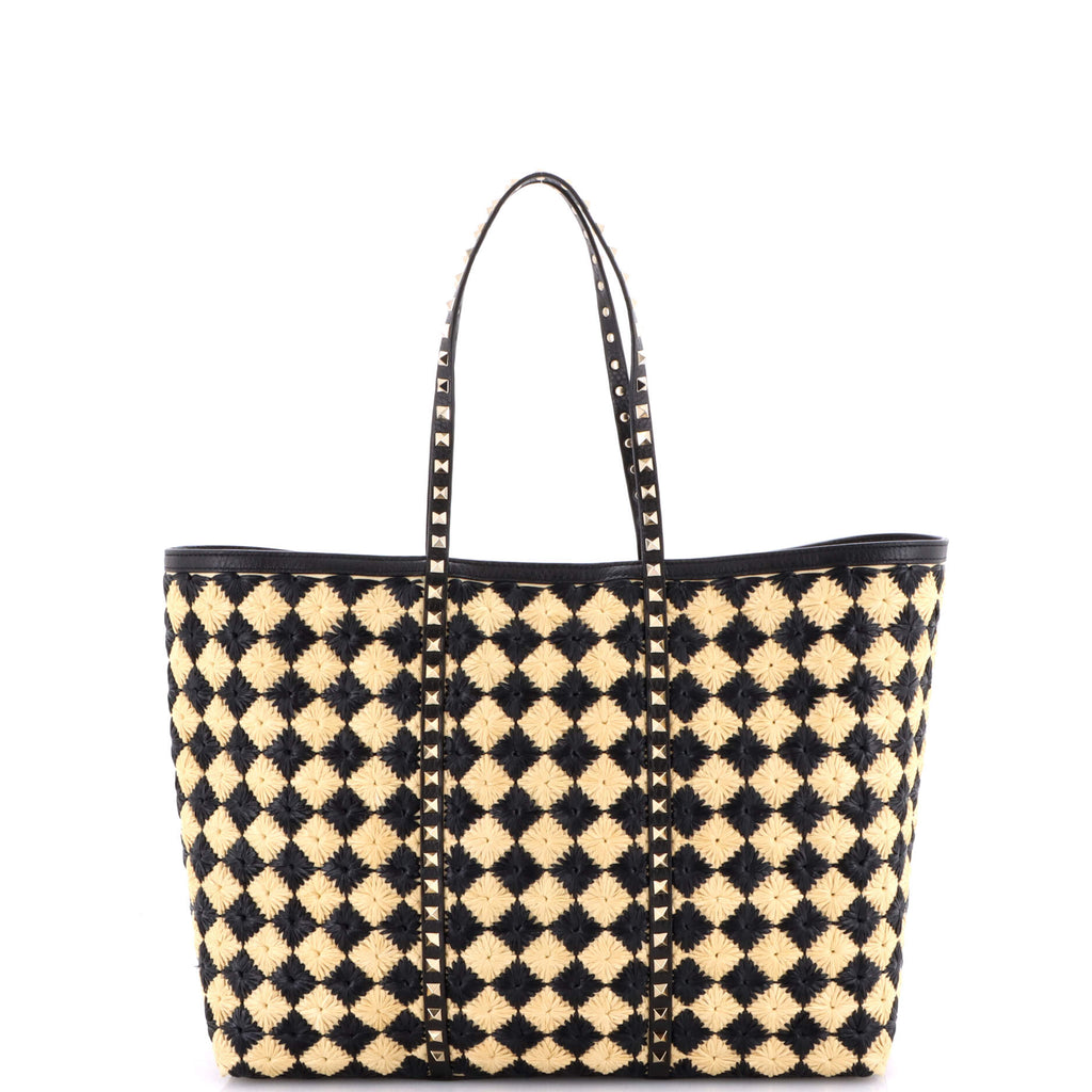 Rockstud Shopping Bag Check Embroidered Raffia Large