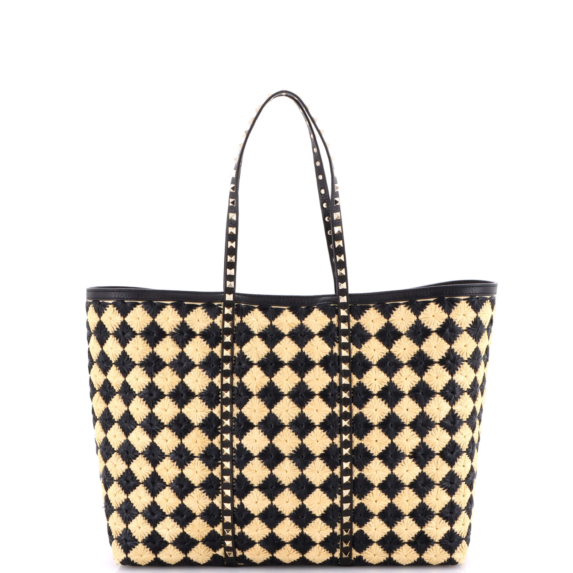 Rockstud Shopping Bag Check Embroidered Raffia Large