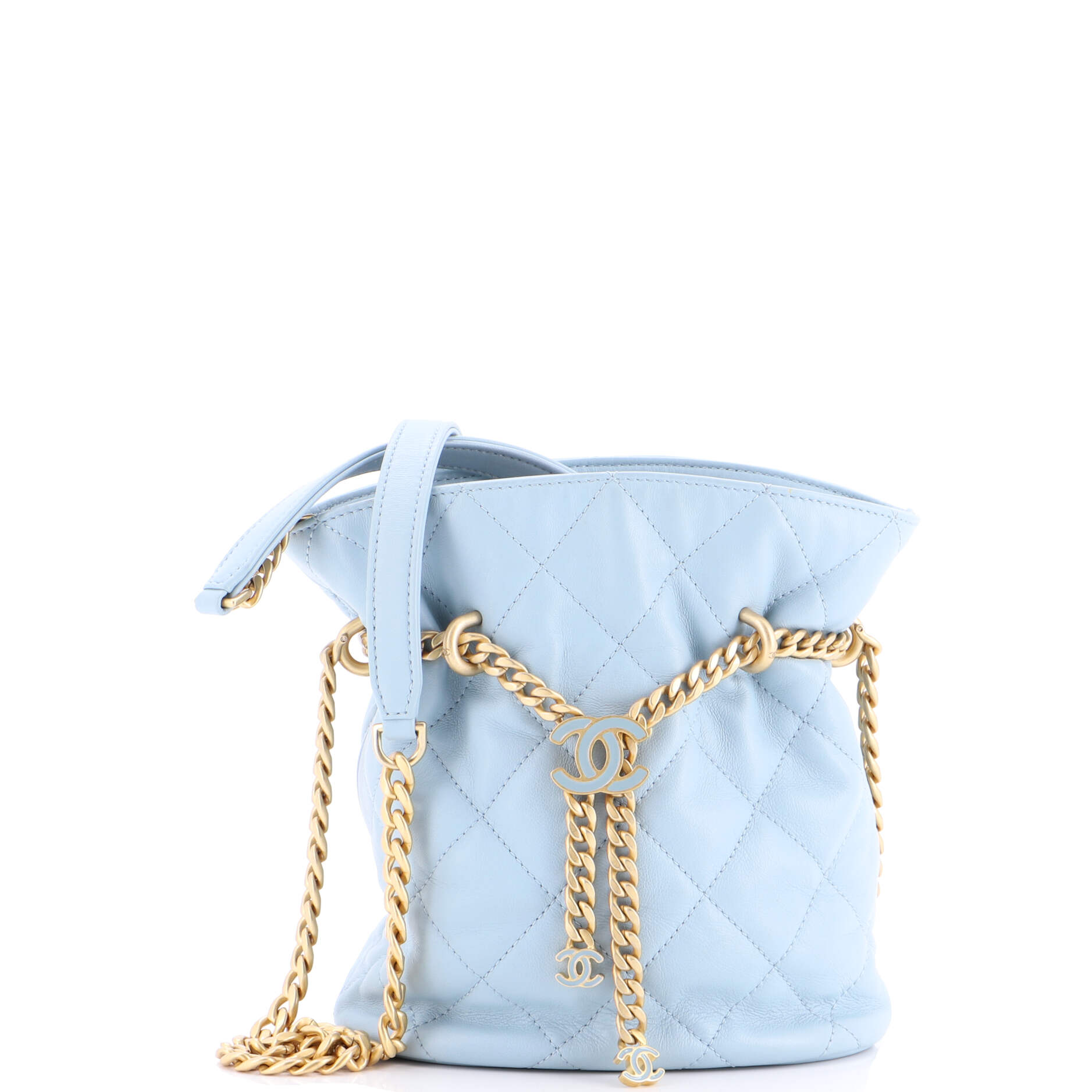 Pending CC Drawstring Bucket Bag Quilted Lambskin Small