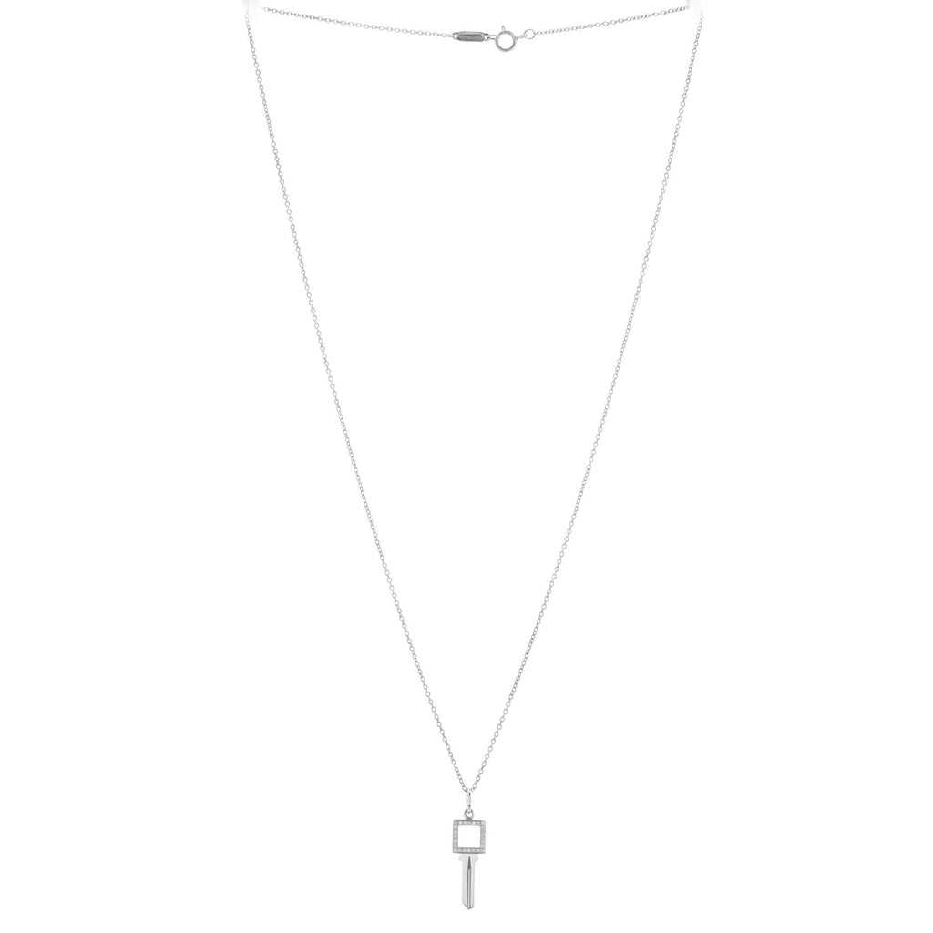 Modern Open Square Key Pendant Necklace 18K White Gold with Diamonds
