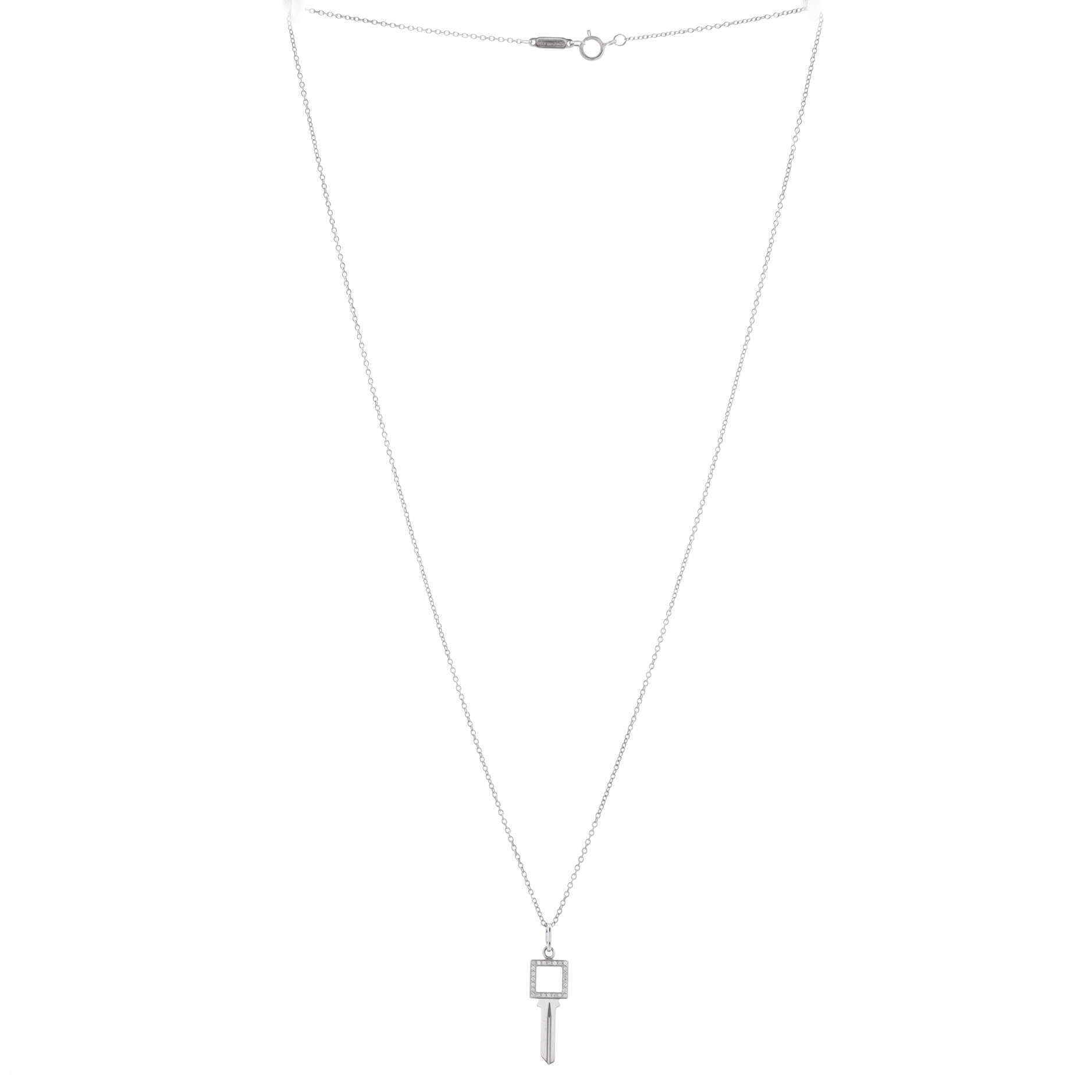 Modern Open Square Key Pendant Necklace 18K White Gold with Diamonds
